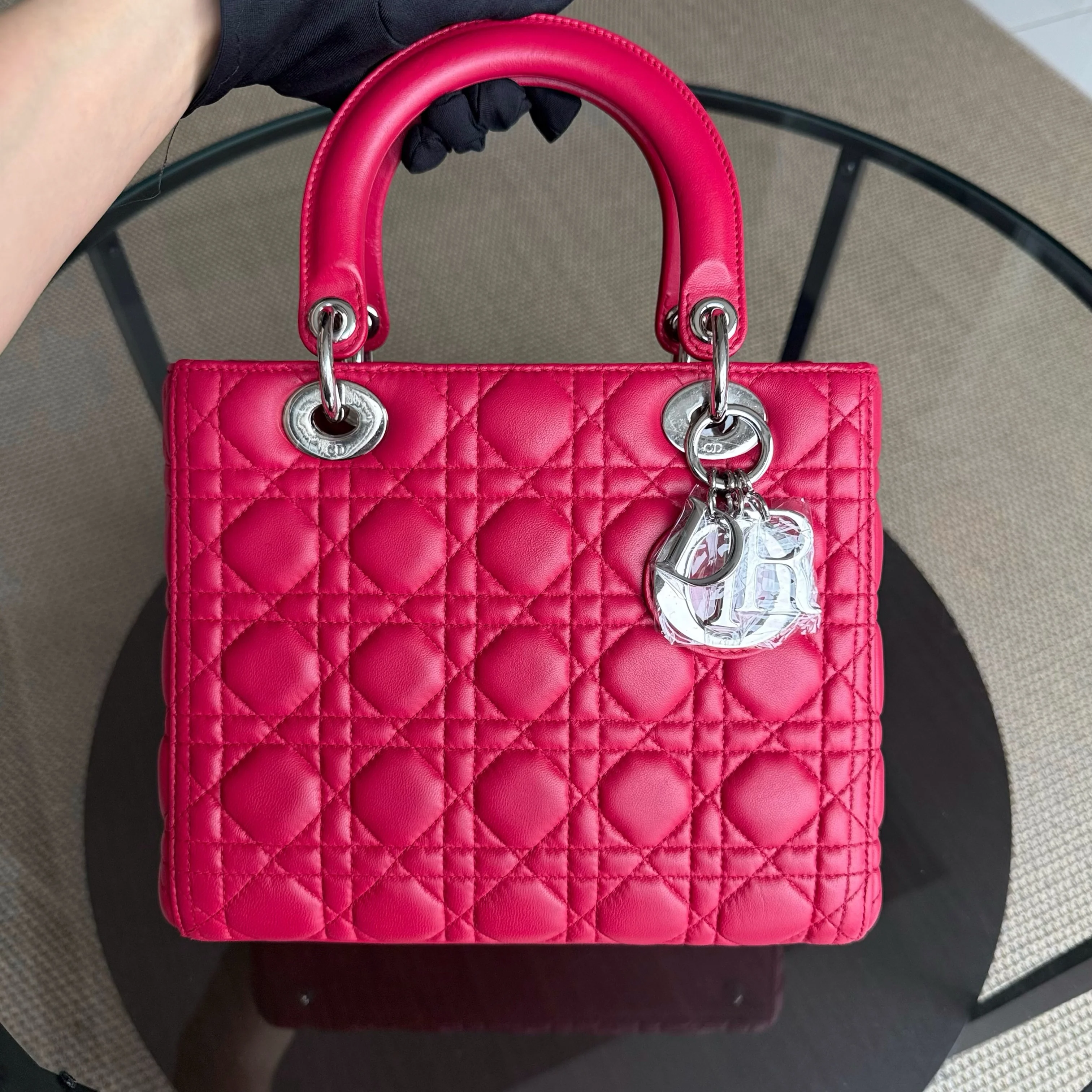 Dior Lady Medium - Cannage Lambskin Red Silver Hardware