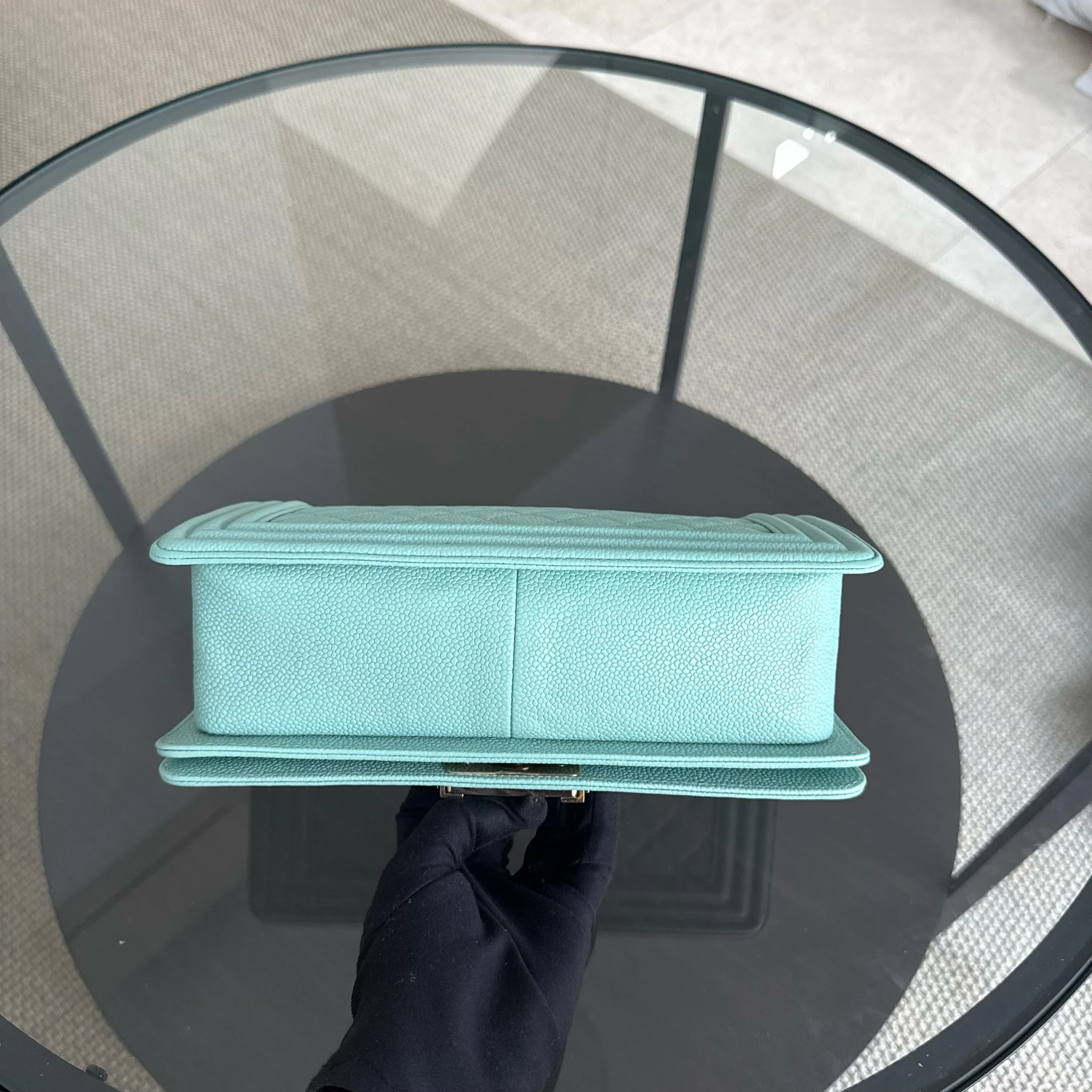 Chanel Boy Medium - 25CM Quilted Tiffany Blue Gold Hardware Series 29