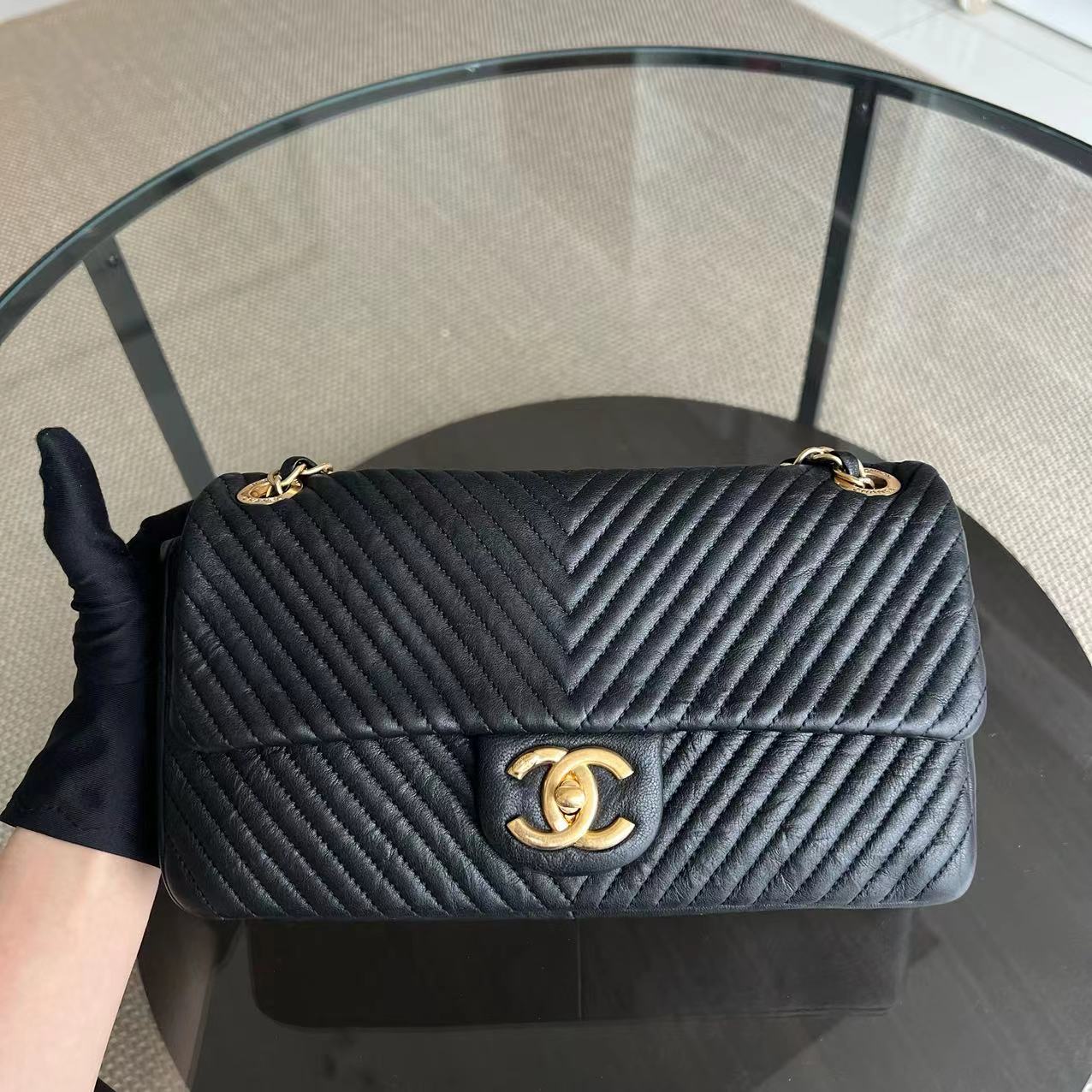 Chanel Herringbone - Medium Seasonal Flap Black Aged Calfskin Golden Hardware Series 19