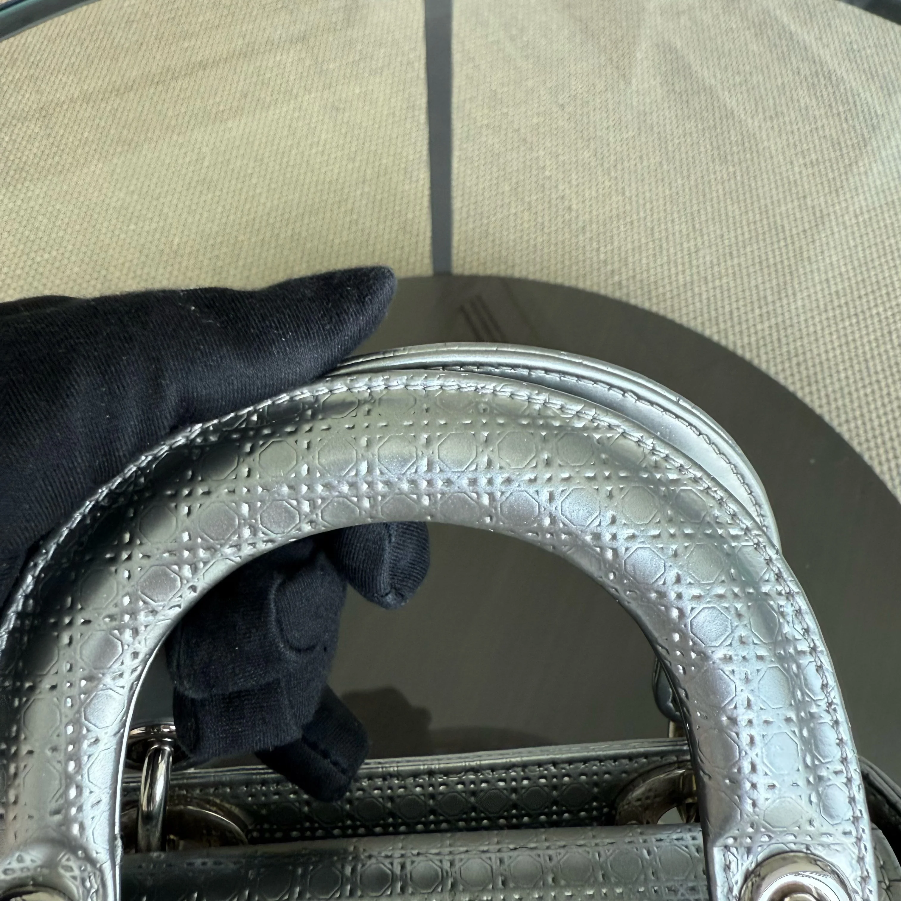 Dior Lady Mini - Micro Cannage Metallic Silver Hardware Adjustable Strap