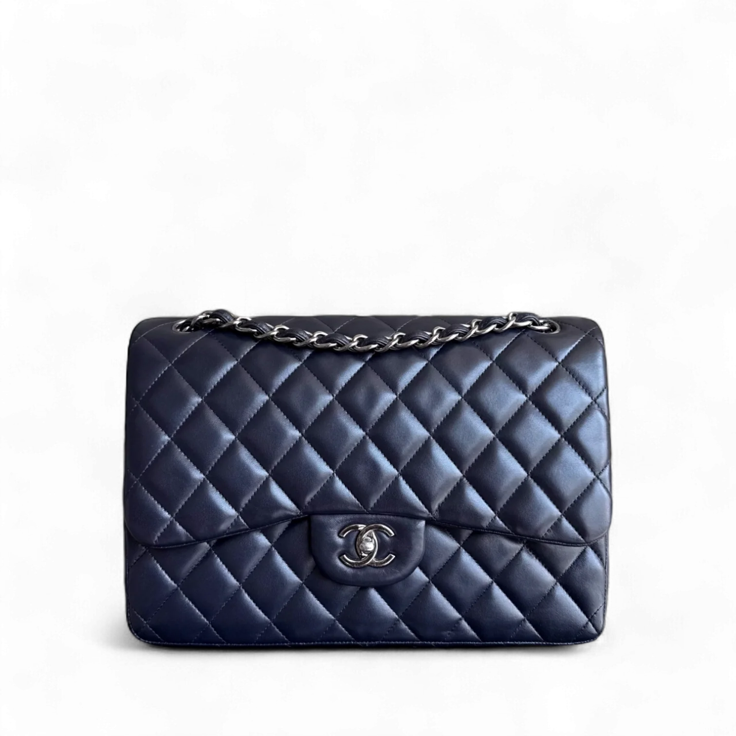 Chanel Classic Flap Jumbo - Double Flap 30CM Quilted Lambskin Dark Blue Silver Hardware Series 23