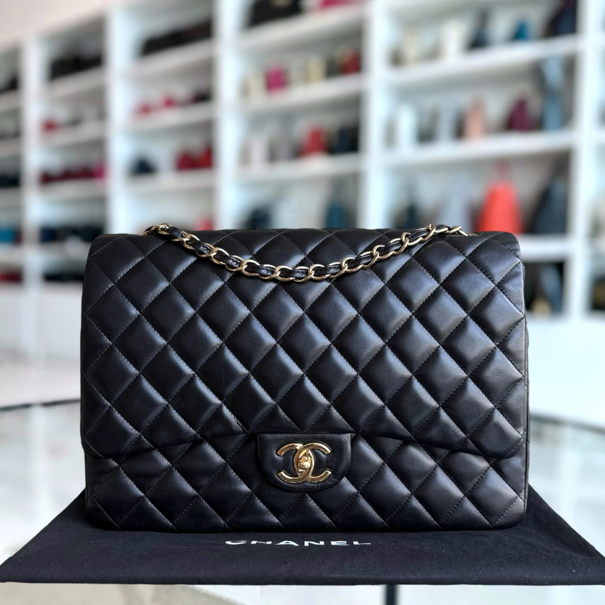 Chanel Classic Flap Maxi - Double Flap 33CM Quilted Lambskin Black Gold Hardware Series 15