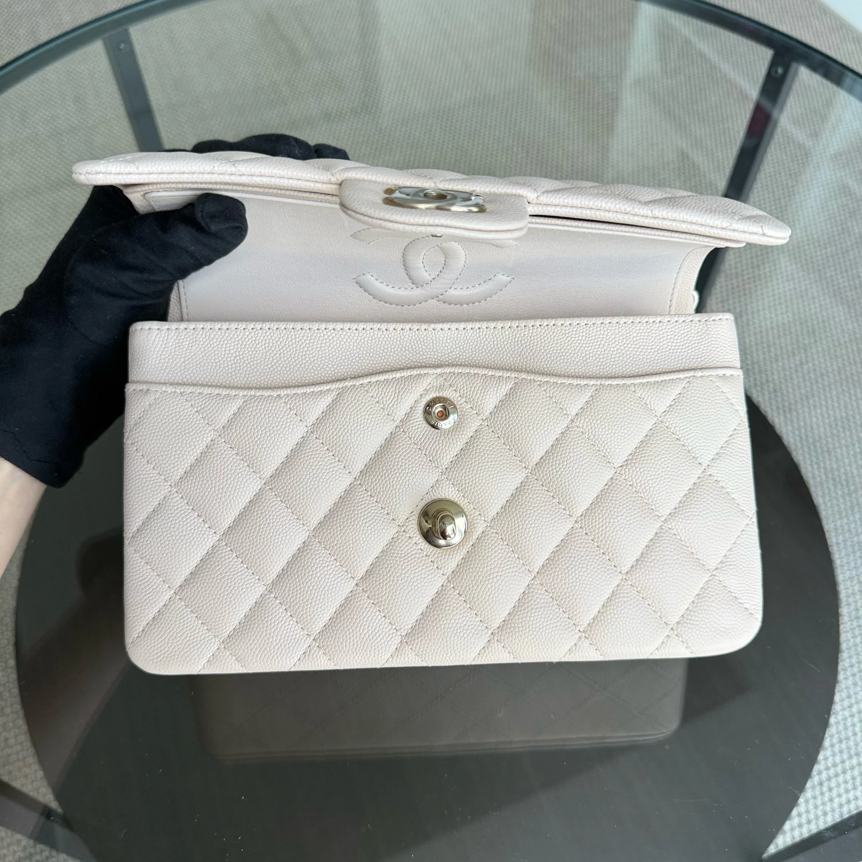 Chanel Classic Flap Small - Caviar 23CM Quilted Light Beige Gold Hardware Microchip