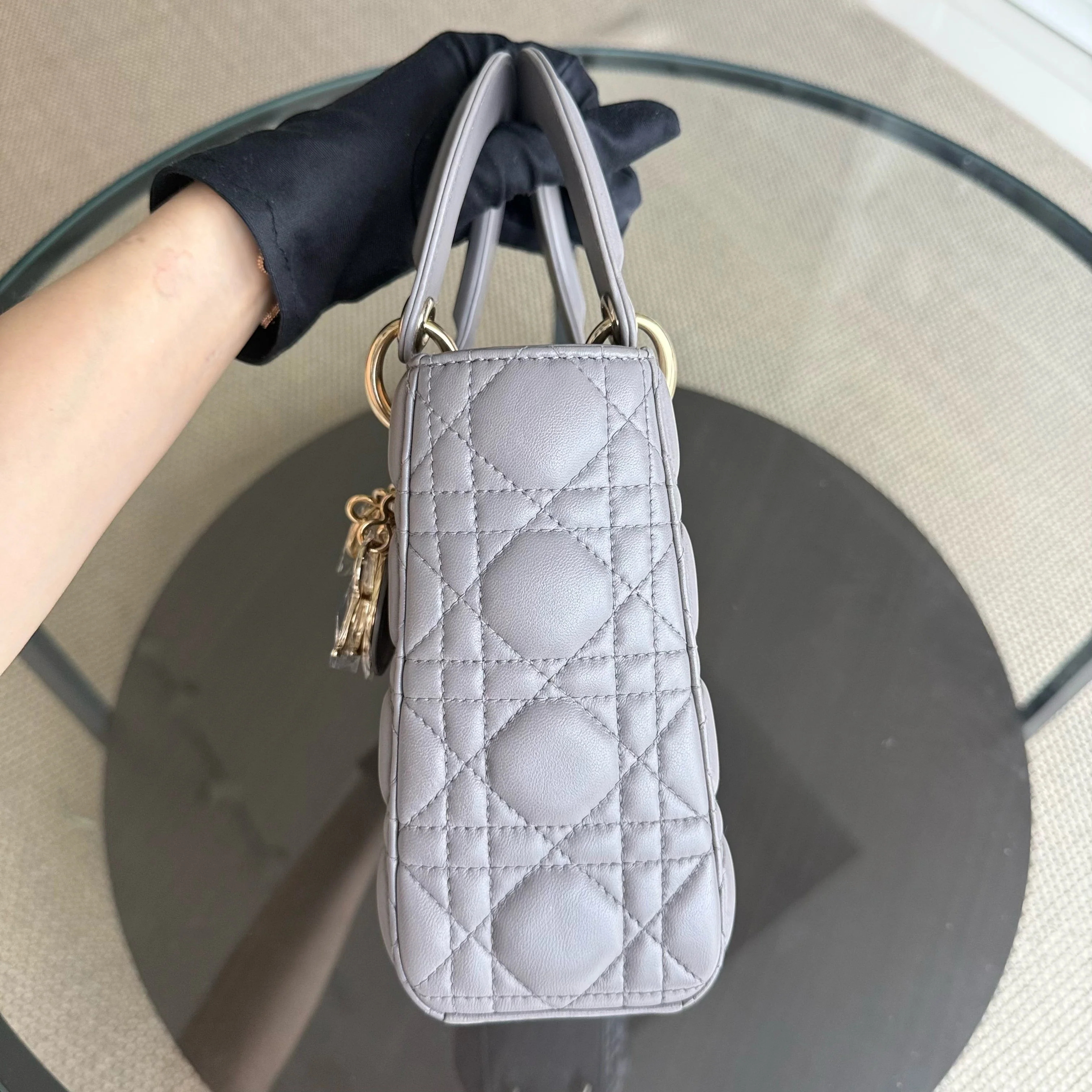 Dior Lady Small - Cannage Lambskin Grey Gray Gold Hardware