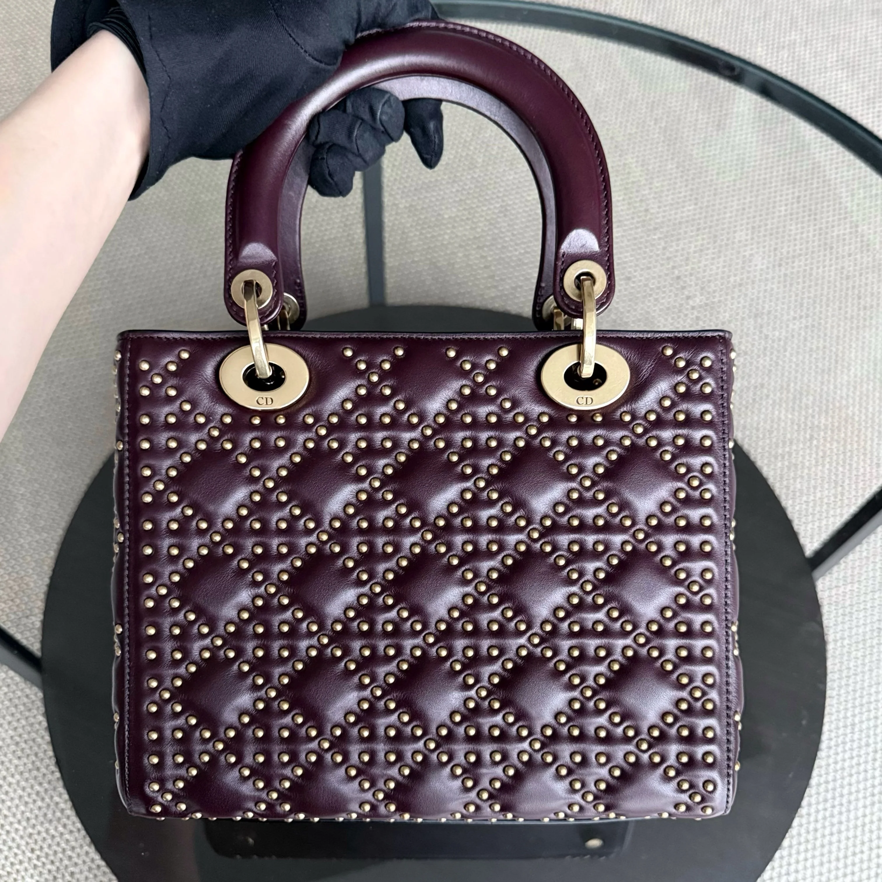 Dior Lady Medium Flap - Studded Cannage Calfskin Burgundy Red Gold Hardware