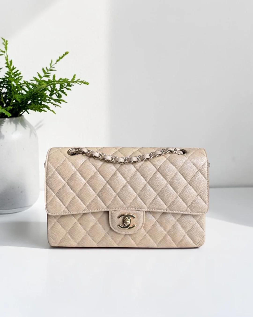 Chanel Classic Flap Medium - Caviar 25CM Quilted Grained Calfskin Beige Gold Hardware Series 14