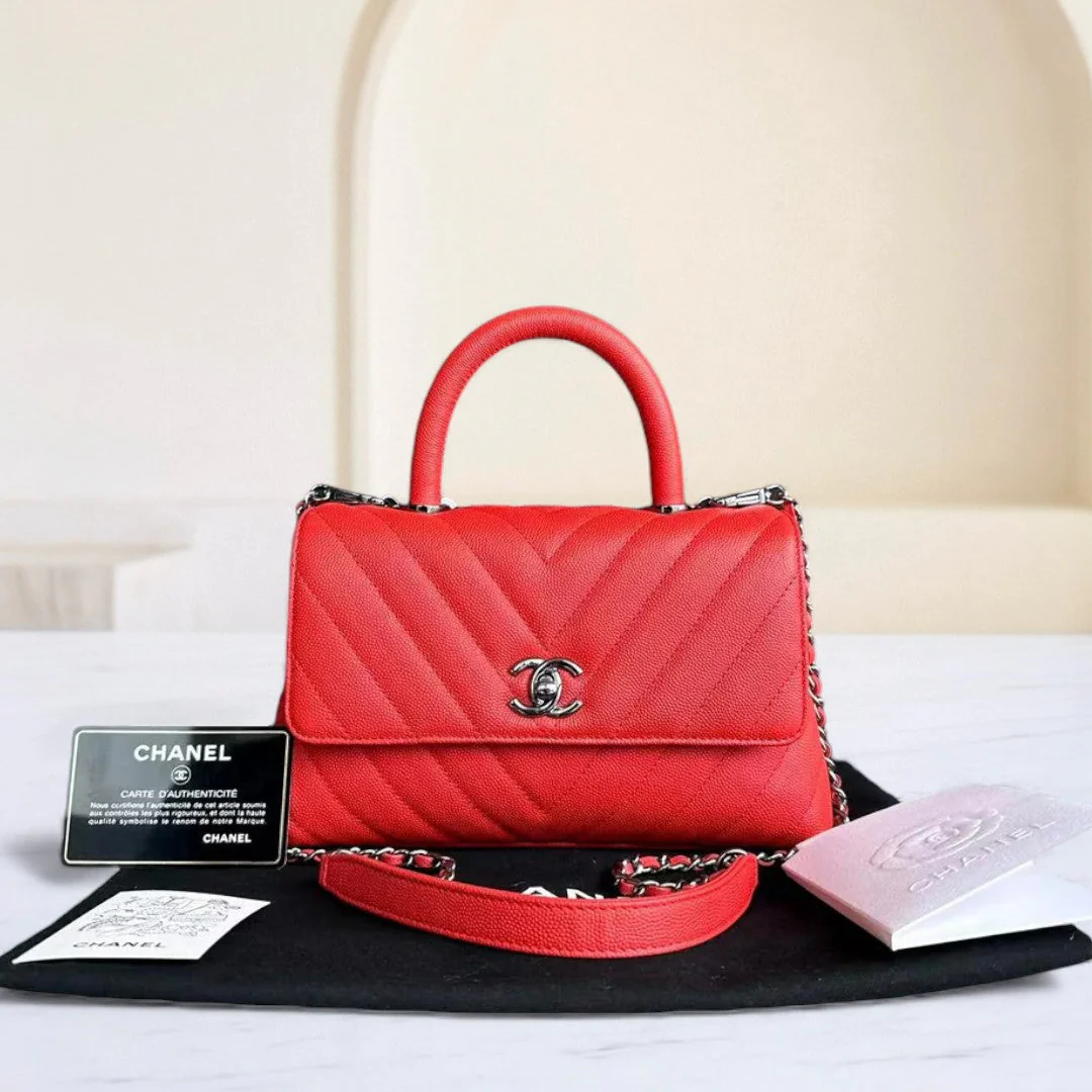 Chanel Caviar Small Coco Handle Chevron Calfskin Light Red Silver Hardware Series 28