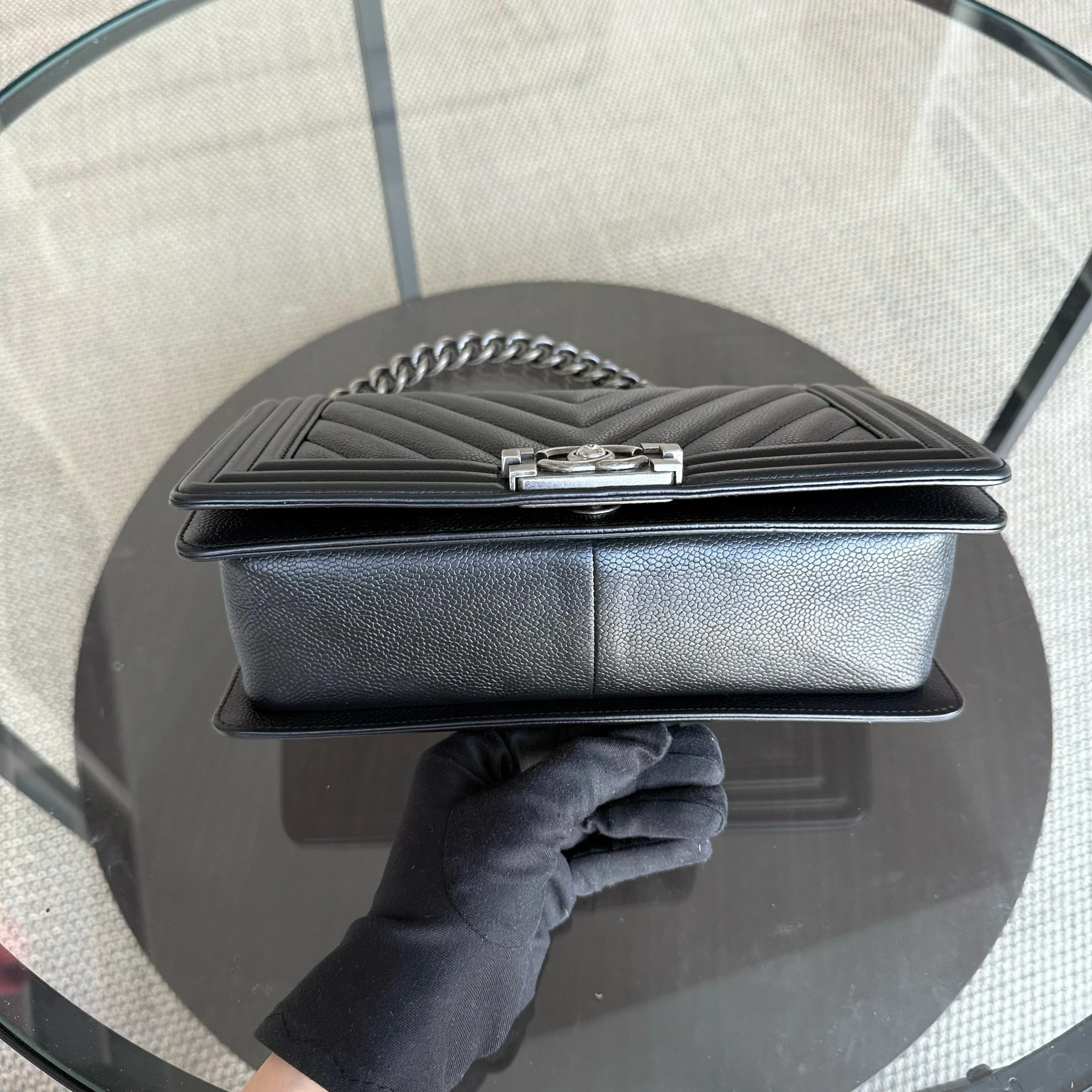 Chanel Boy Medium - 25CM Chevron Caviar Black Ruthenium Silver Hardware Series 29