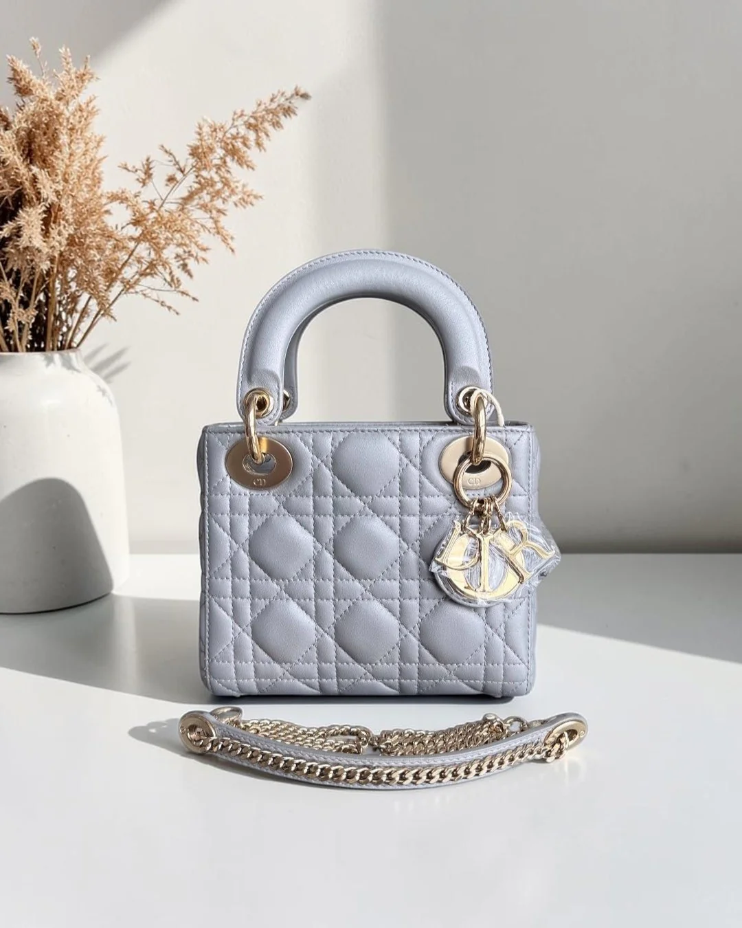 Dior Lady Mini - Cannage Lambskin Gray Gold Hardware Chain Strap