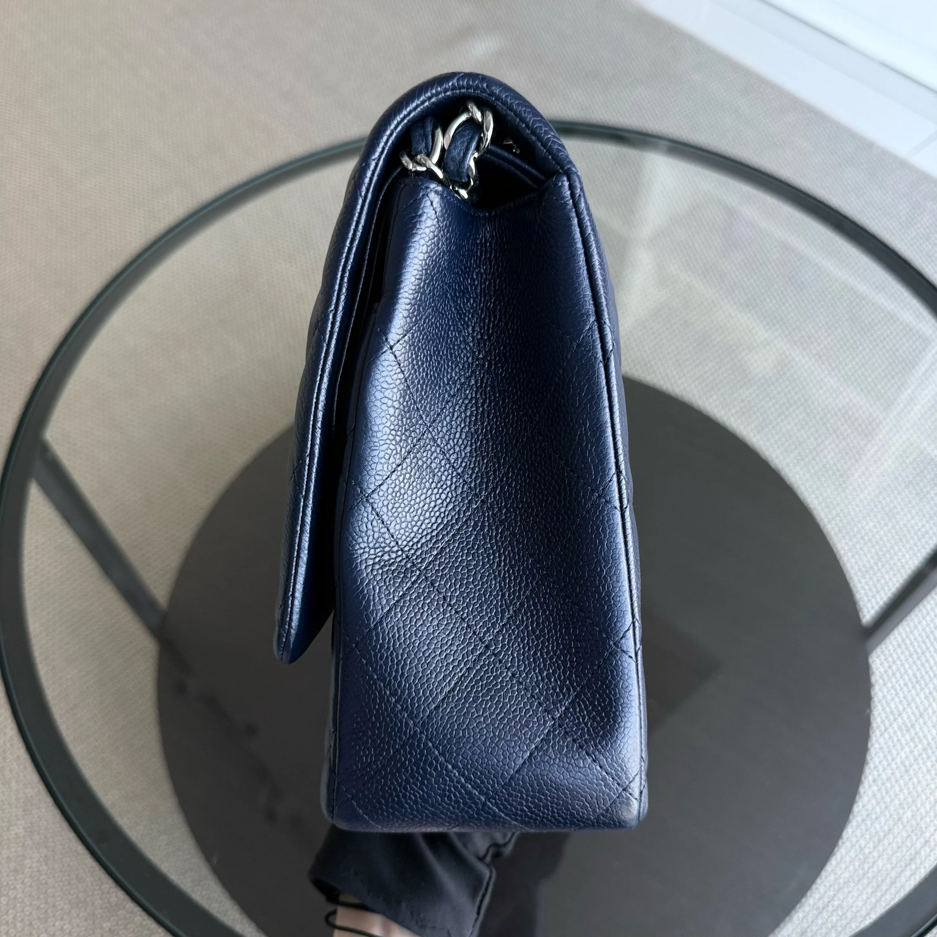 Chanel Classic Flap Maxi - Caviar 33CM Double Flap Quilted Dark Navy Blue Silver Hardware Series 15