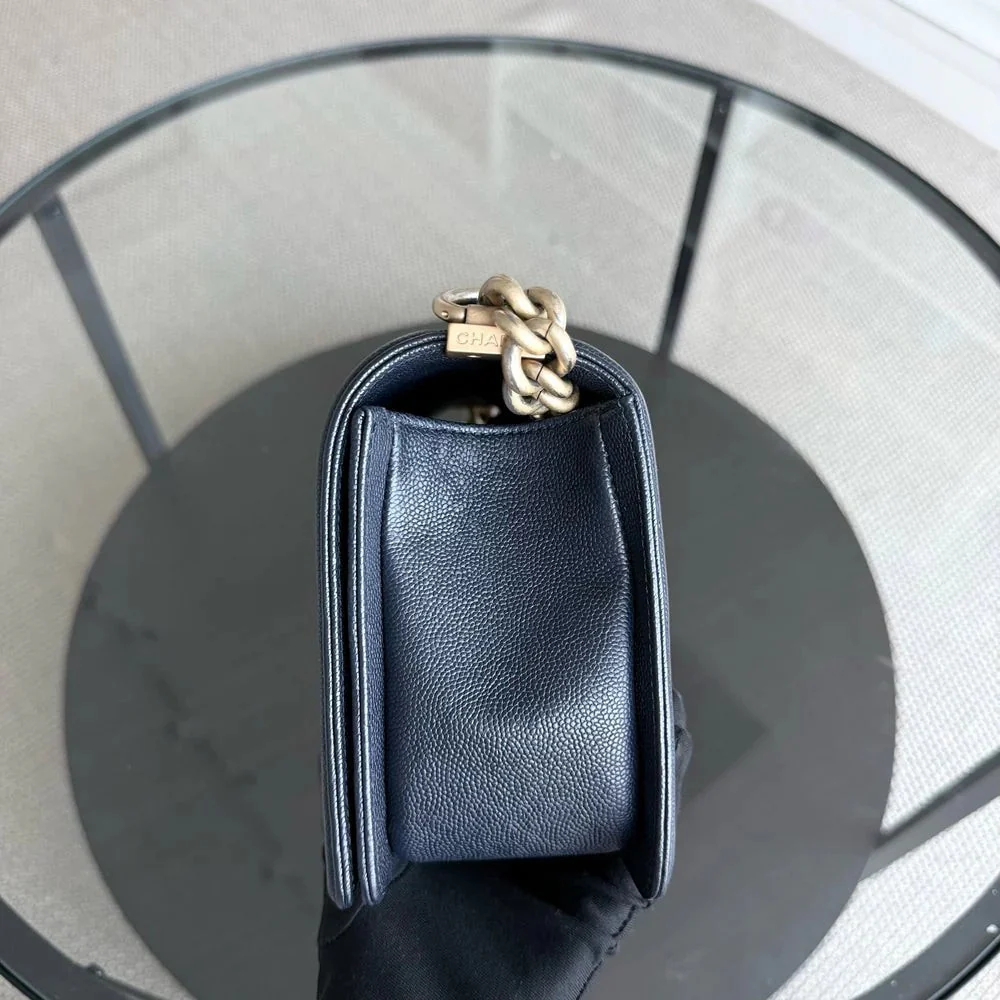 Chanel Boy Medium - Caviar 25CM Quilted Dark Blue Gold Hardware Series 25