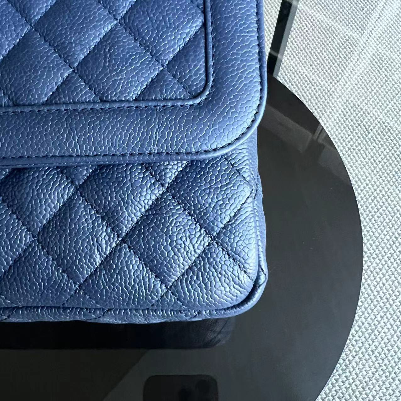 Crumpled Two Tone Flap Grained Calfskin Navy Blue Golden Hardware Series 21