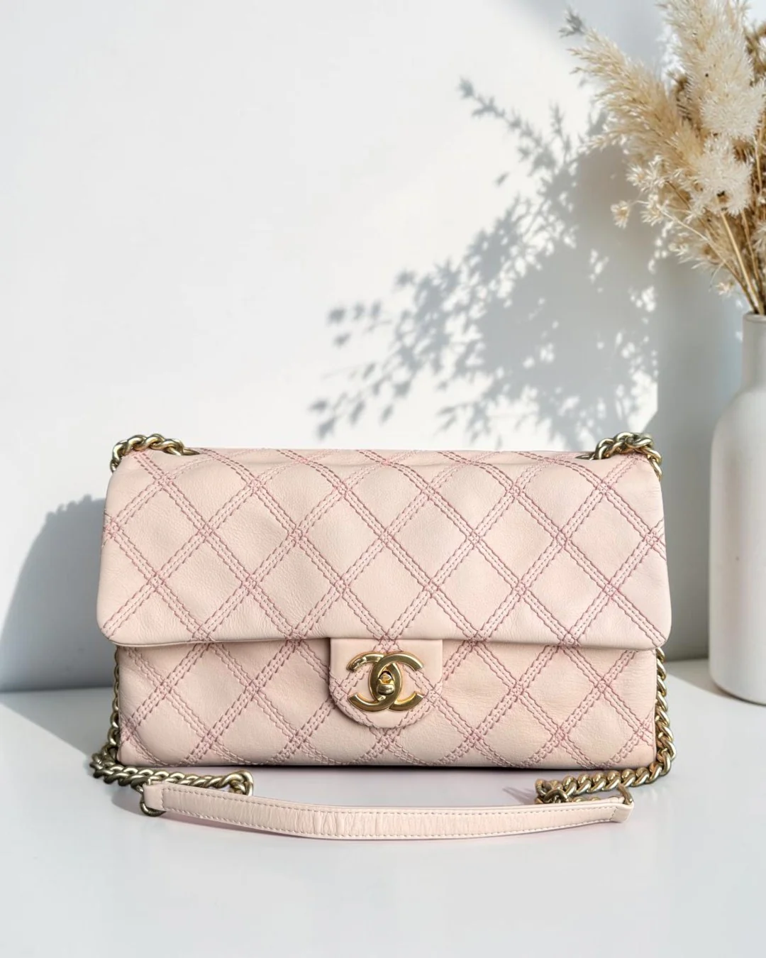 Chanel Seasonal Flap Medium - Triple Stitched Calfskin Quilted Pink Gold Hardware Series 19