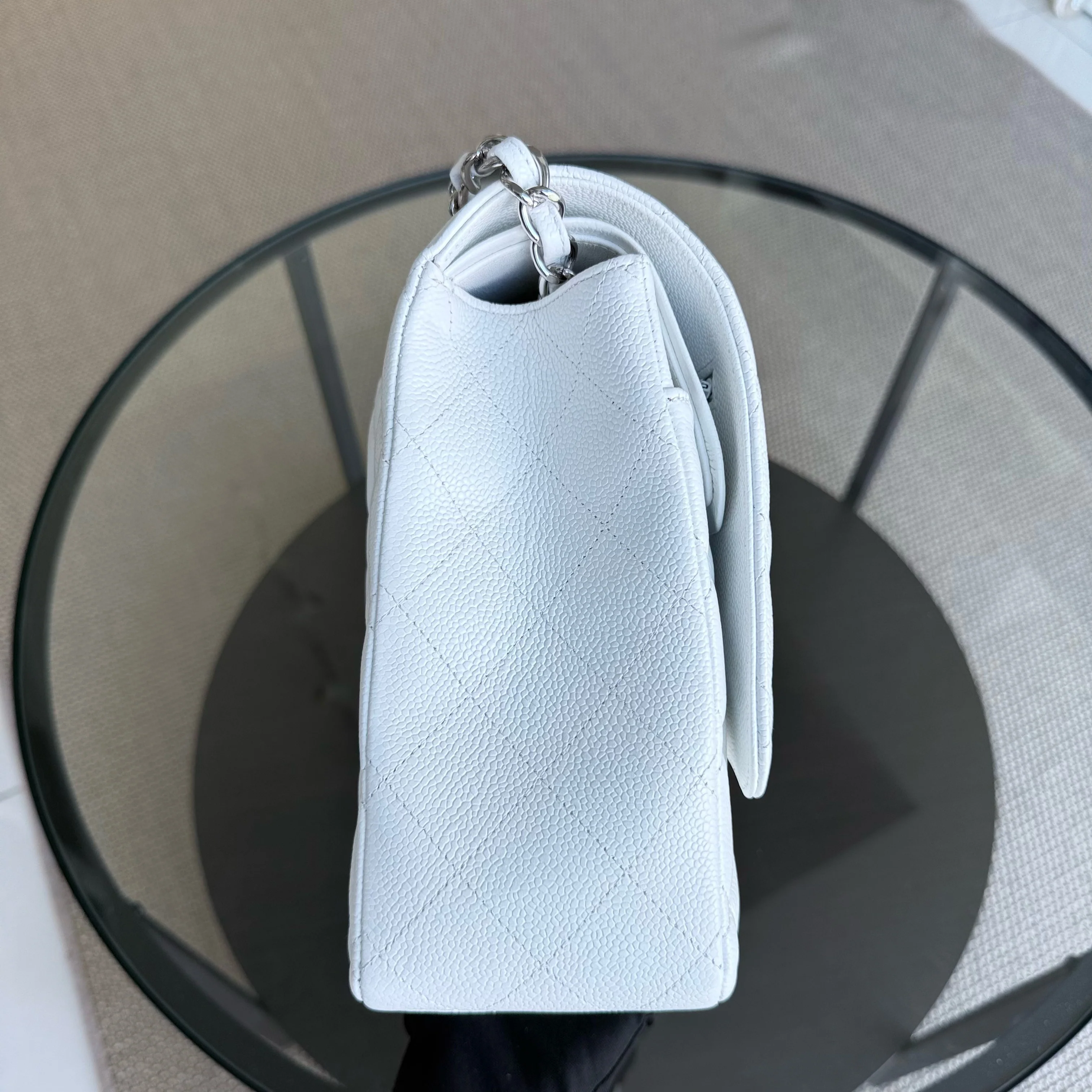 Chanel Classic Flap Maxi - Caviar Double Flap 33CM Quilted White Silver Hardware Series 14