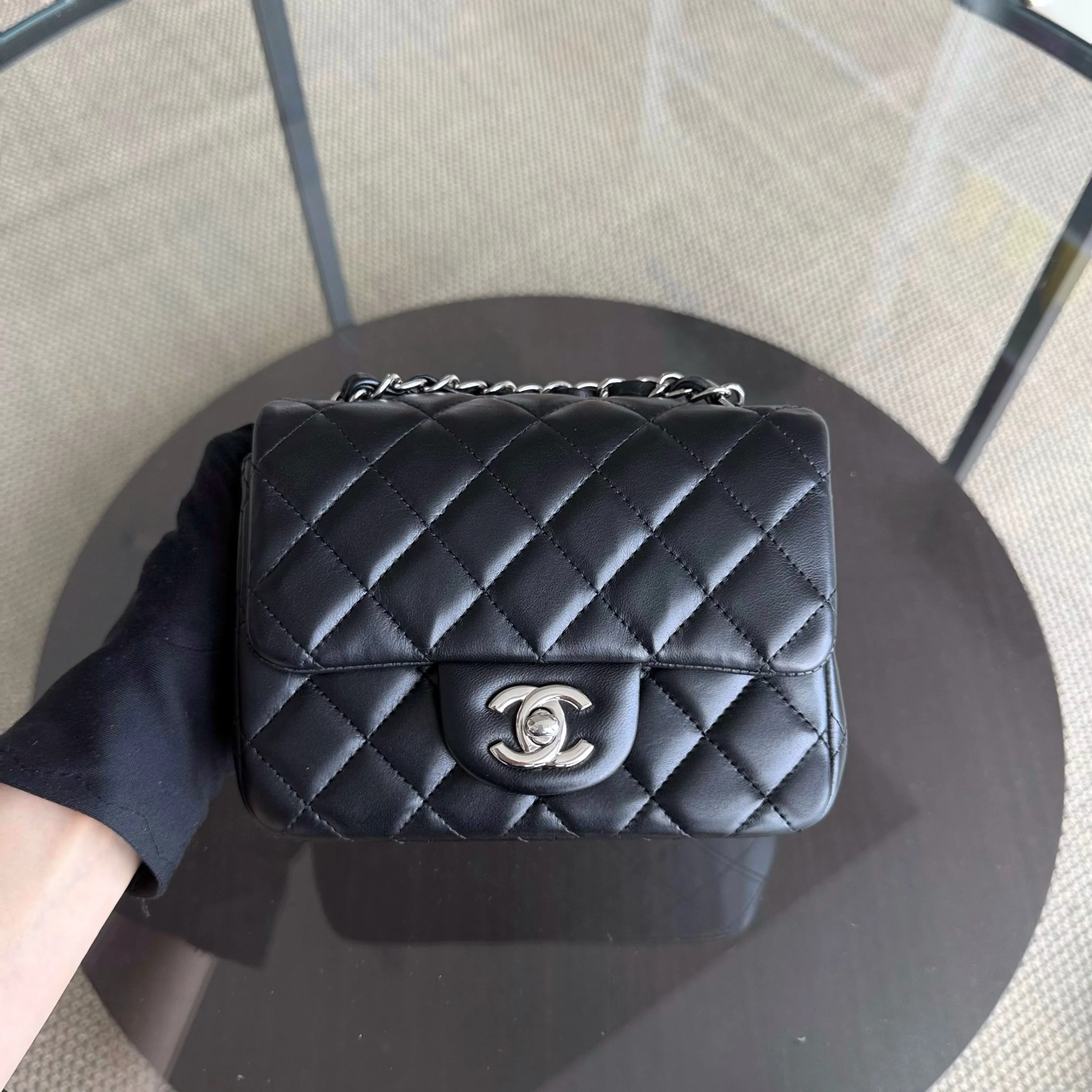 Chanel Classic Flap Mini Square - 17CM Quilted Lambskin Black Silver Hardware Series 19
