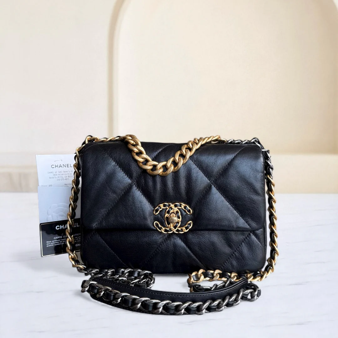 Chanel 19Bag C19 Small - Quilted Goatskin Black Gold Two-tone Hardware Series 30