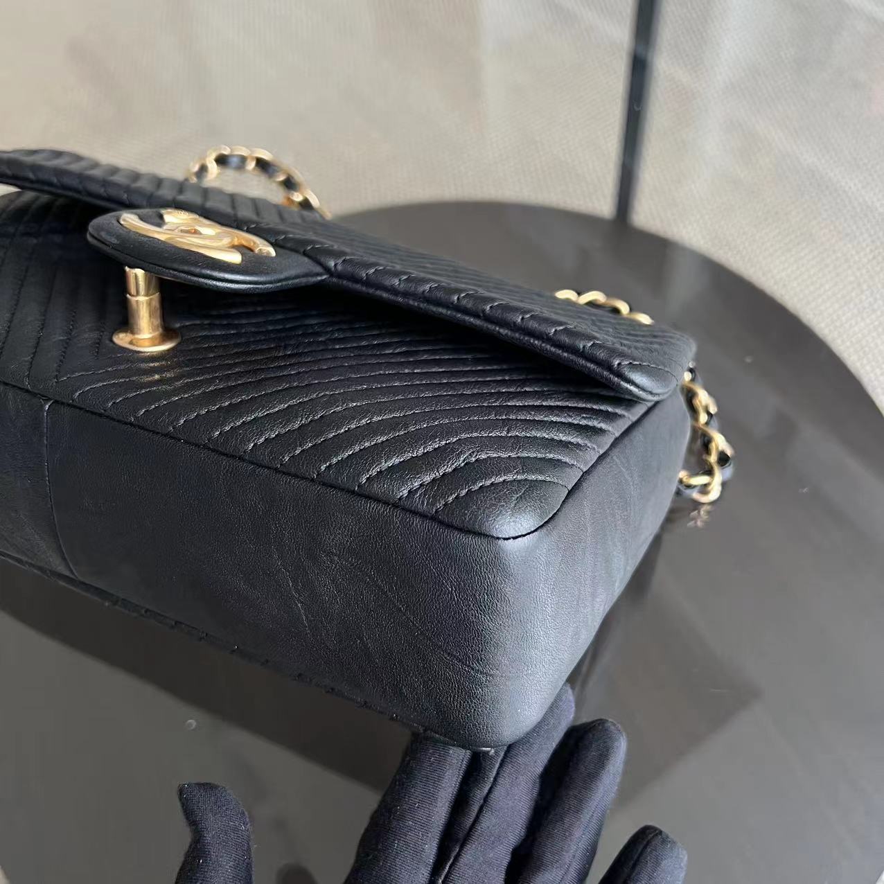 Chanel Herringbone - Medium Seasonal Flap Black Aged Calfskin Golden Hardware Series 19