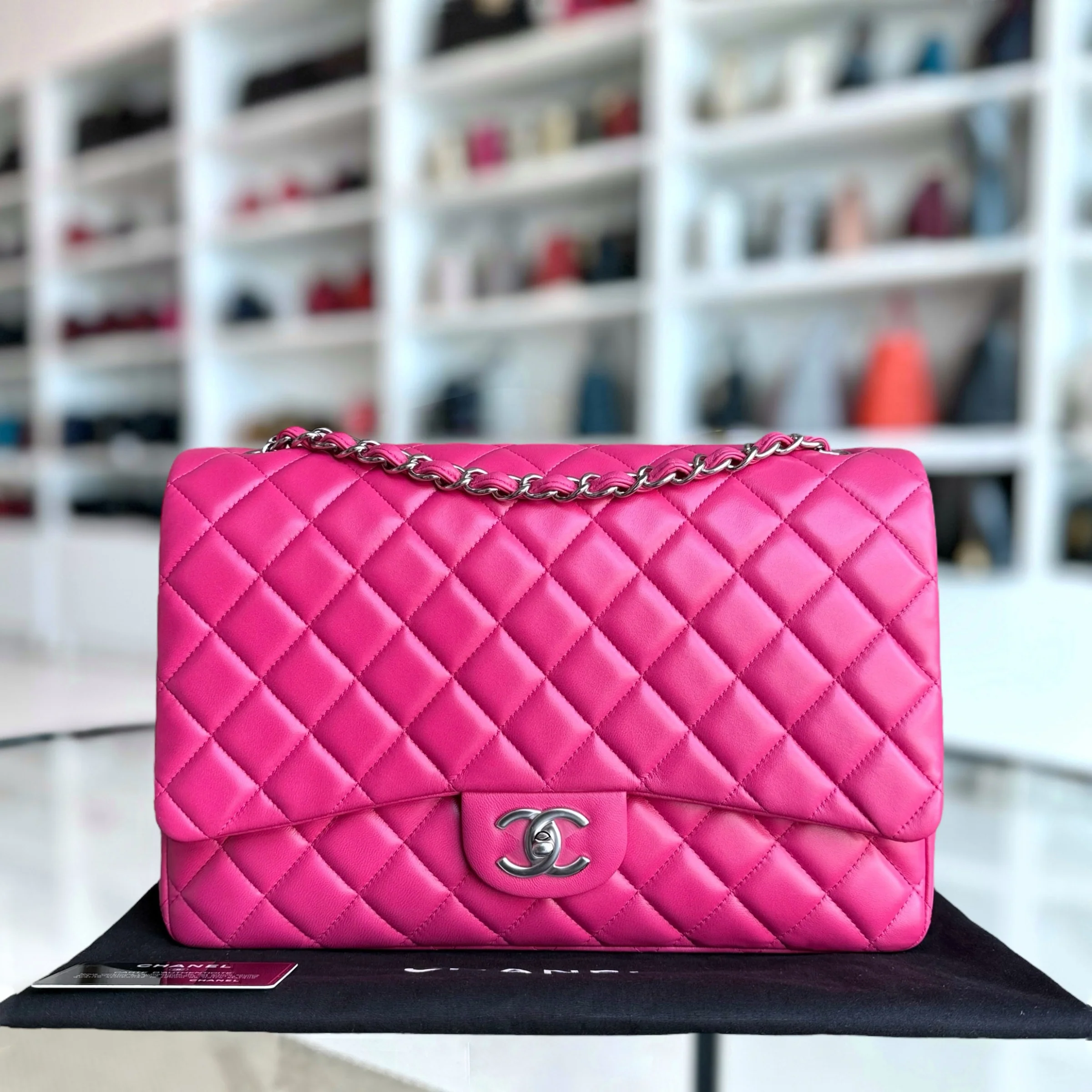Chanel Classic Flap Maxi - Double Flap 33CM Quilted Lambskin Hot Pink Silver Hardware Series 19