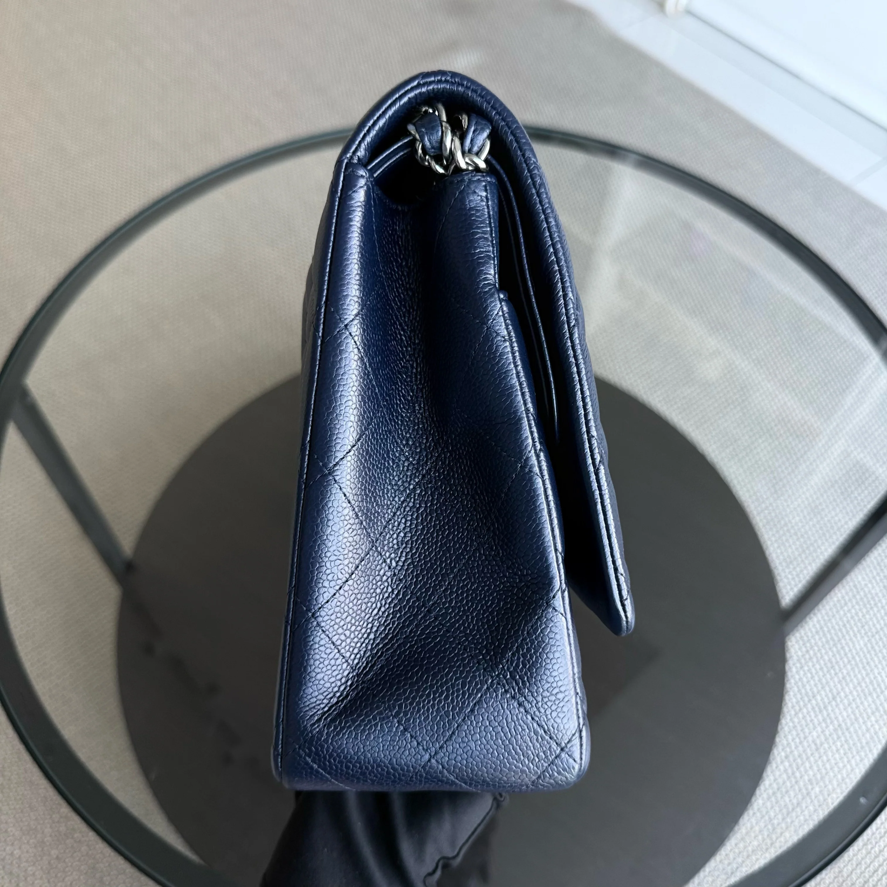 Chanel Classic Flap Maxi - Caviar 33CM Double Flap Quilted Dark Navy Blue Silver Hardware Series 15