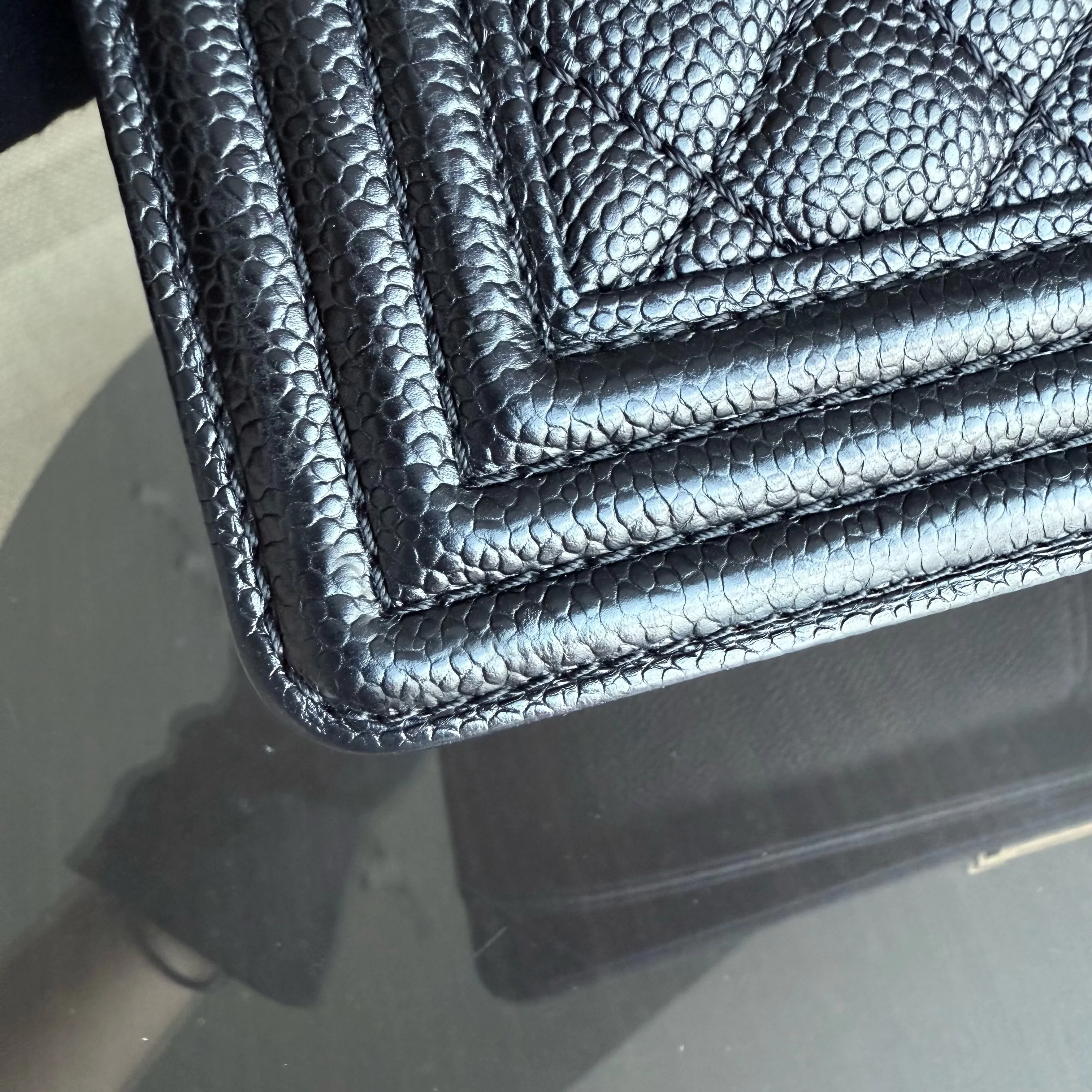 Chanel Boy Old Medium - Caivar Quilted Grained Calfskin Black Ruthenium Gold Hardware Series 19