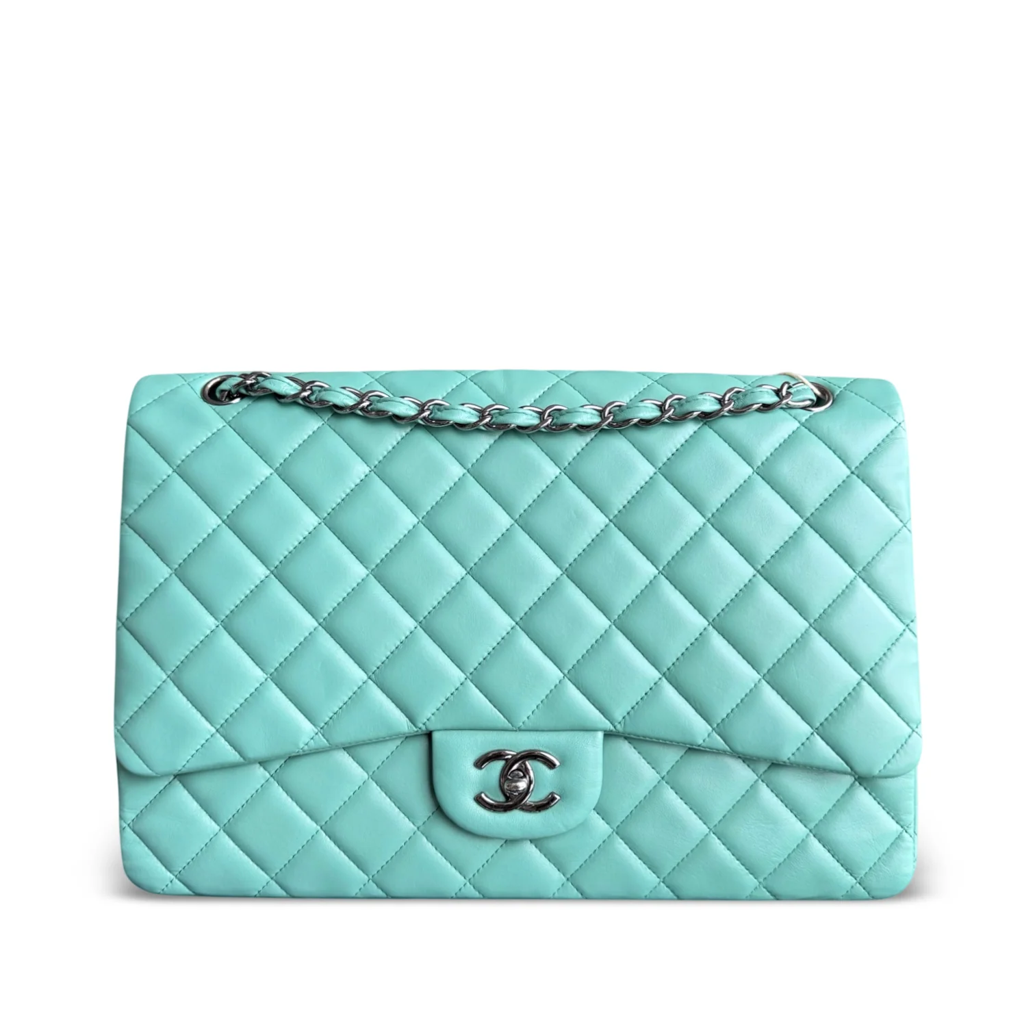Chanel Classic Flap Maxi - 33CM Quilted Single Flap Lambskin Tiffiny Blue Silver Hardware Series 13