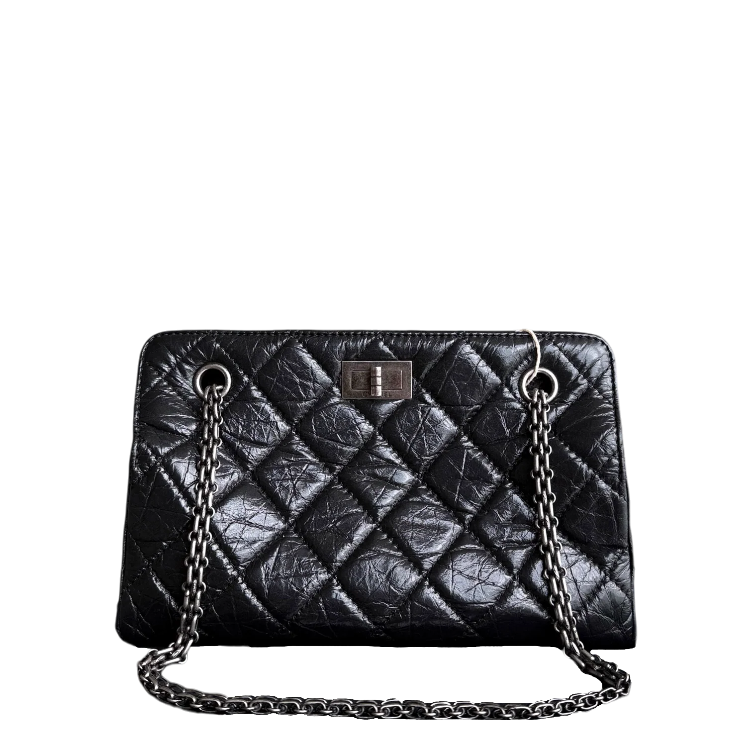 Chanel 2.55 Small Shopping Tote - Quilted Black Glazed Calfskin Silver Hardware Series 20