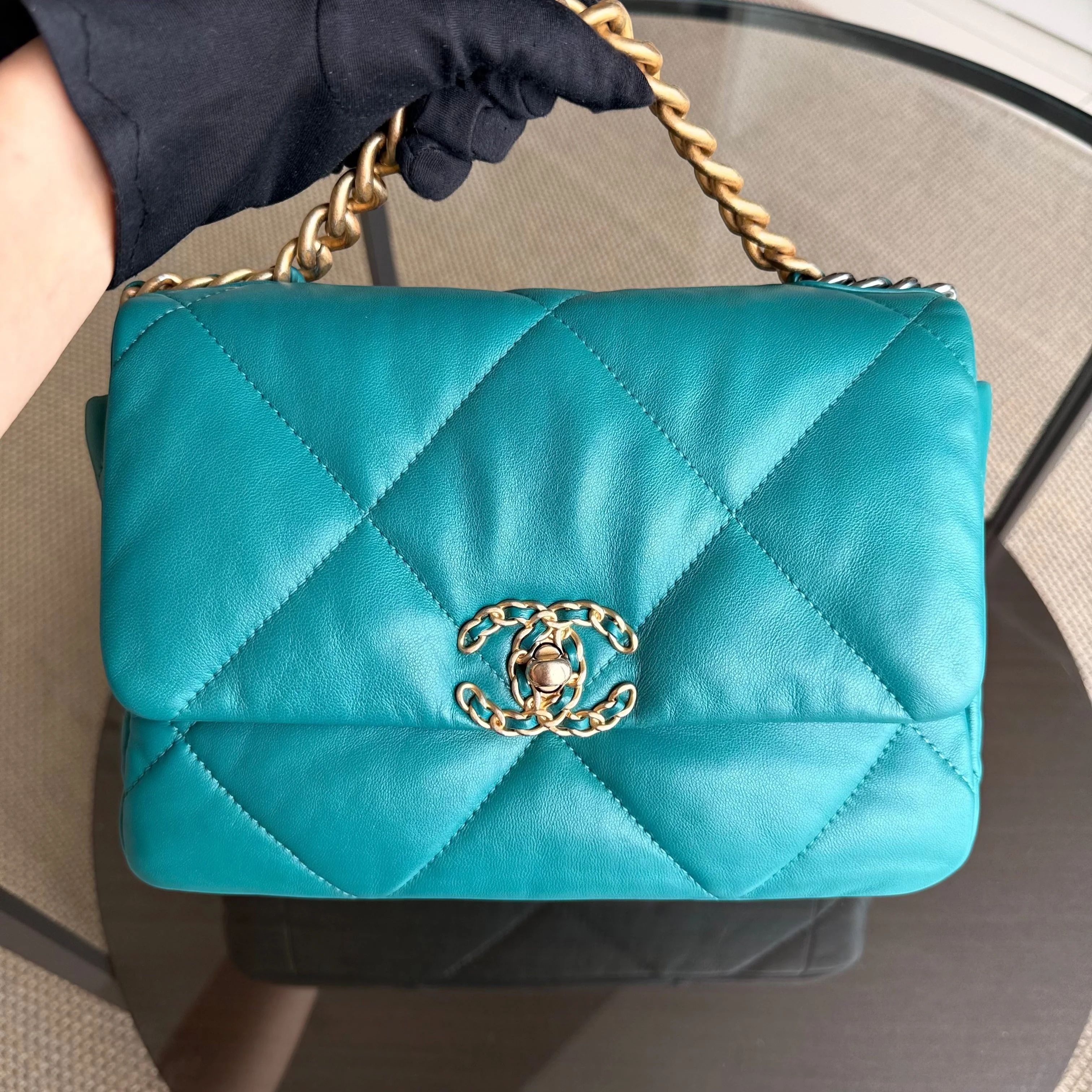Chanel 19 Bag Small - Quilted Goatskin Green Blue Two-tone Hardware Series 30