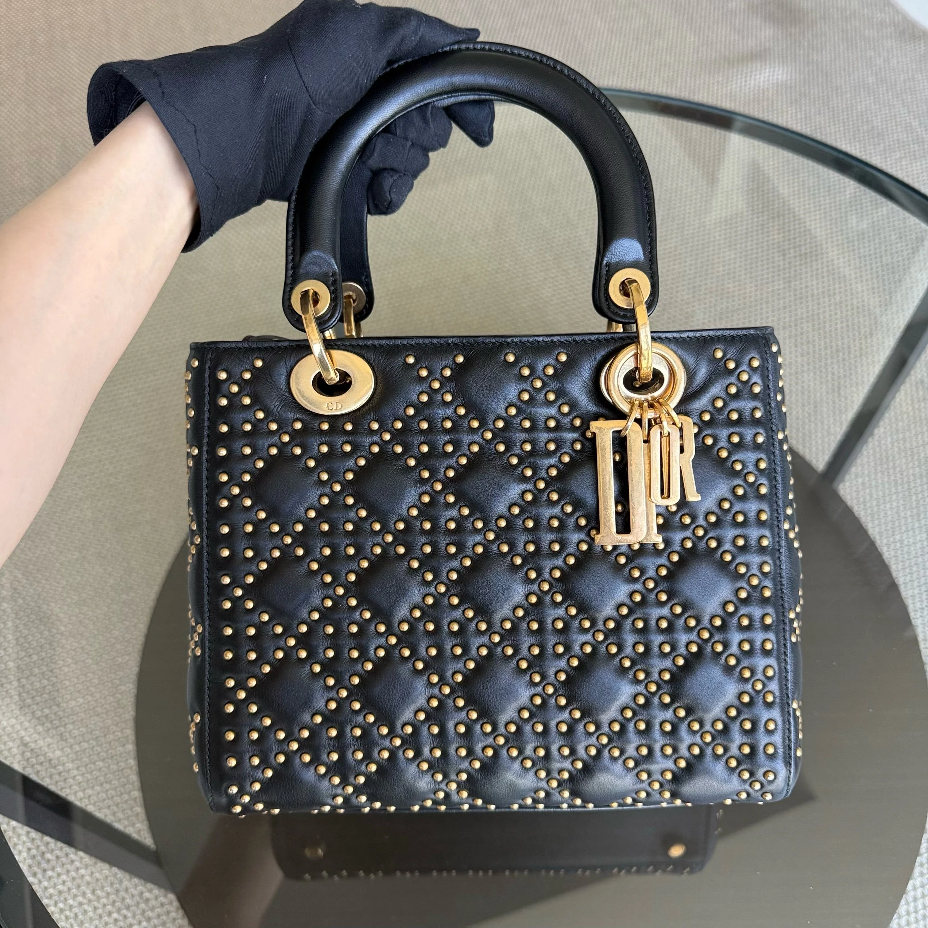 Dior Lady Medium Flap - Studded Cannage Calfskin Black Gold Hardware