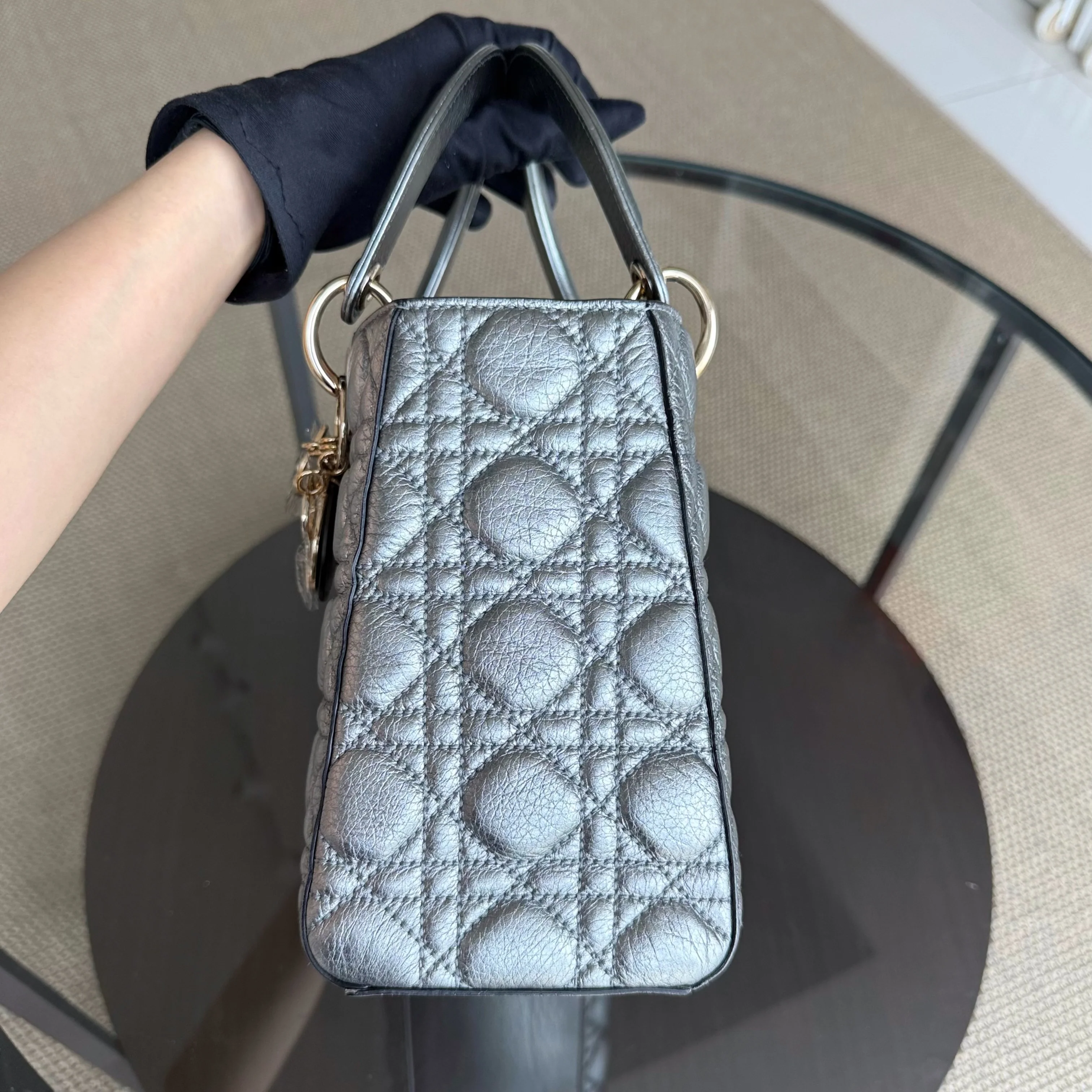 Dior Lady Medium Flap - Grained Calfskin Metallic Silver Gold Hardware Limited Edition