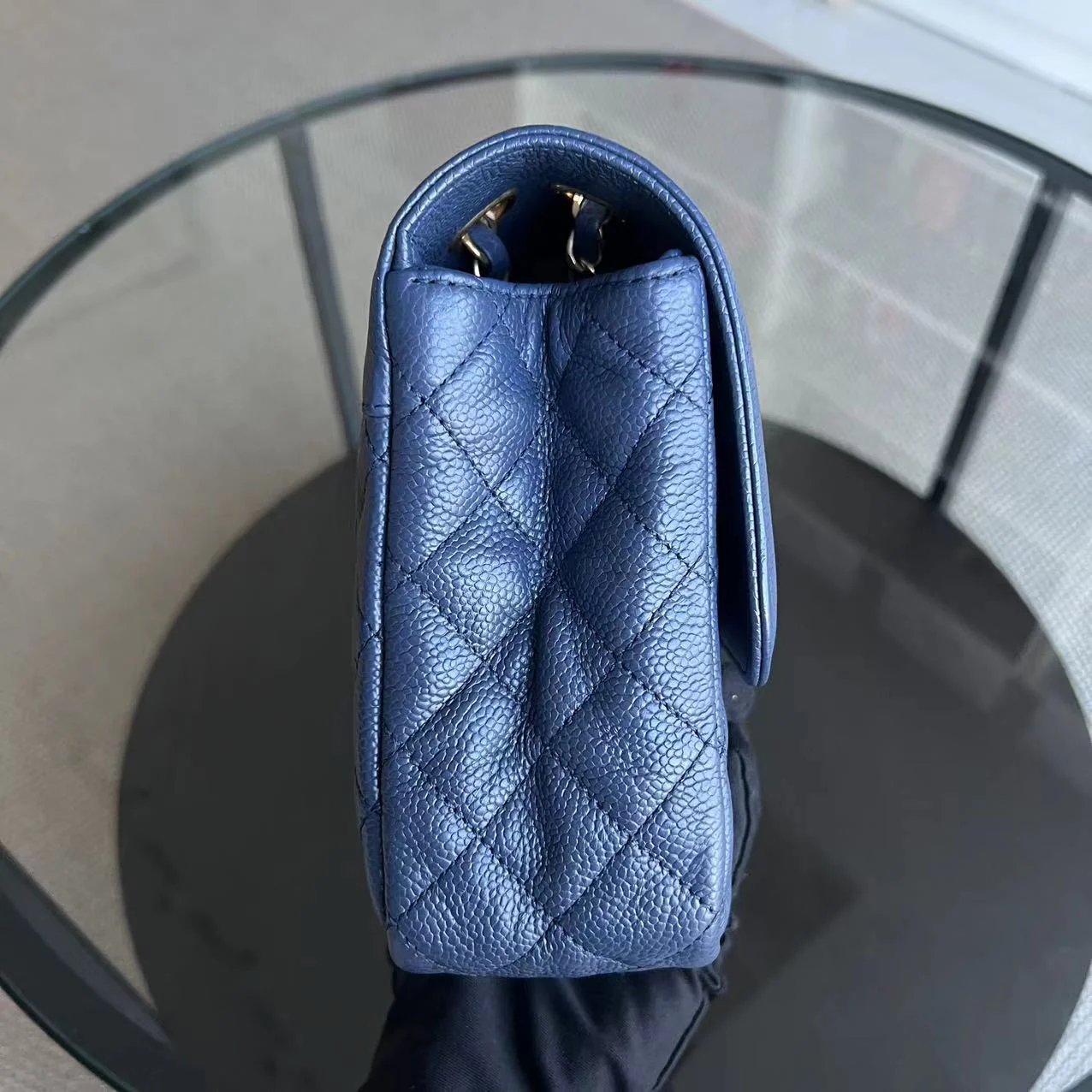 Crumpled Two Tone Flap Grained Calfskin Navy Blue Golden Hardware Series 21