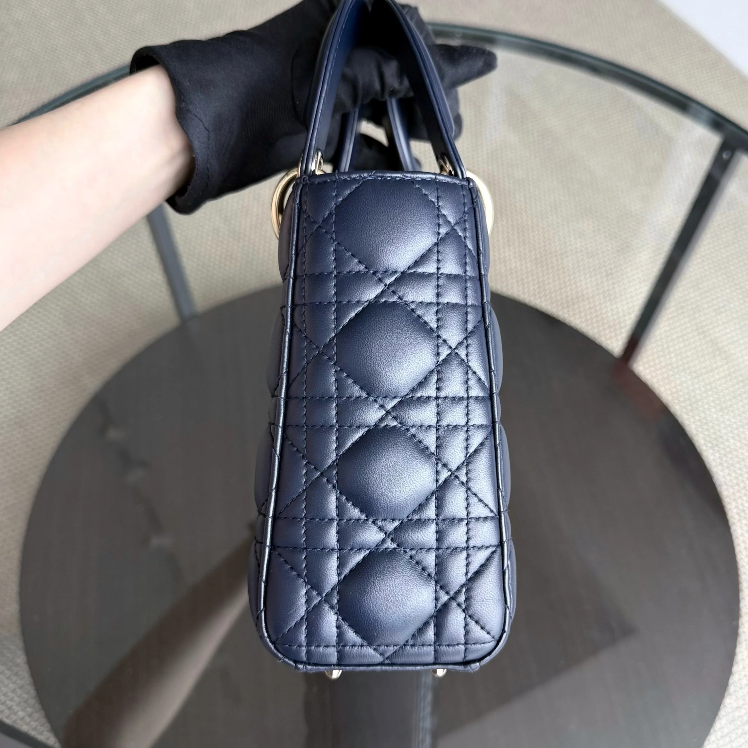 Dior Lady Small Flap - Cannage Lambskin Dark Navy Blue Gold Hardware with Charms