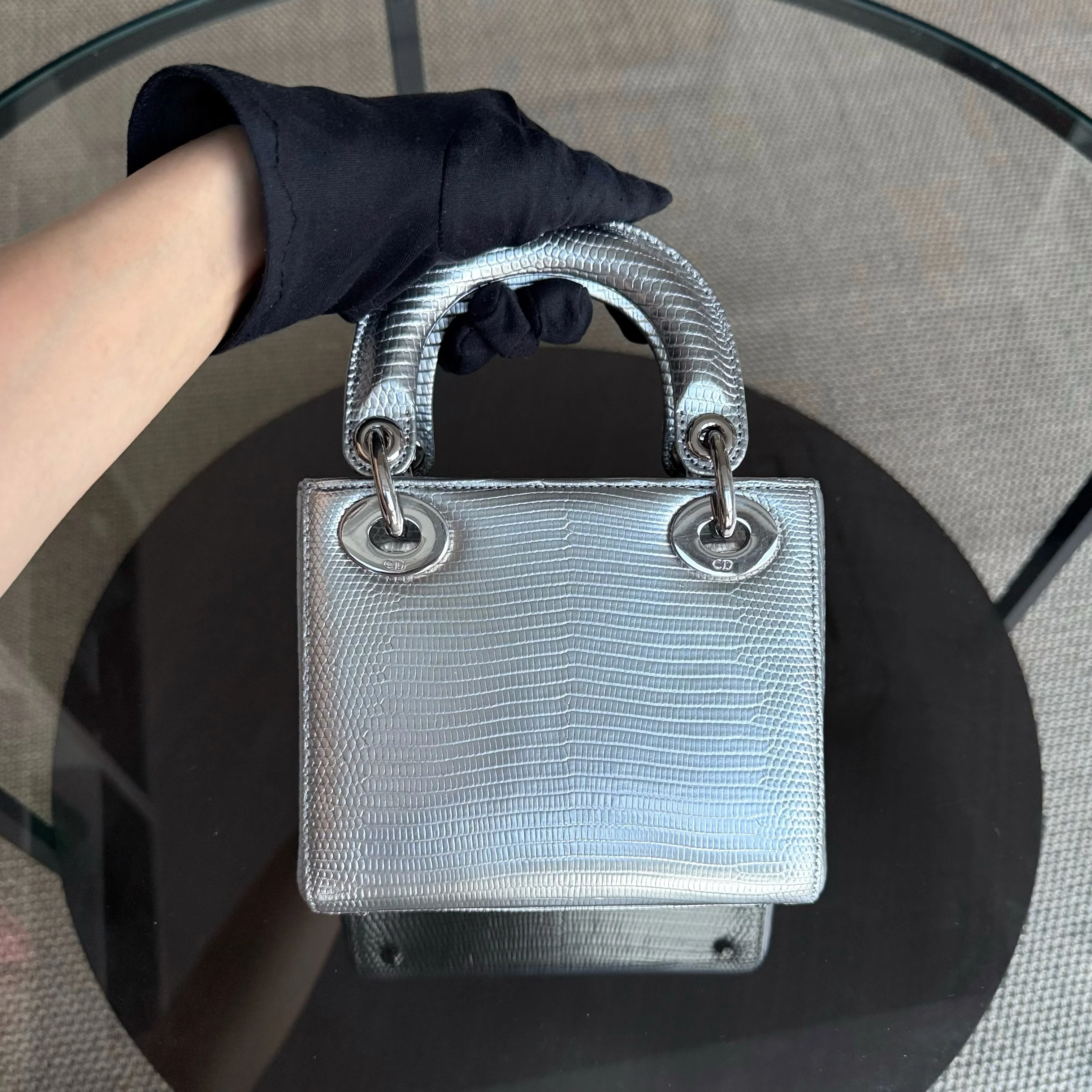 Dior Lady Mini - Exotic Lizard Gray Silver Hardware