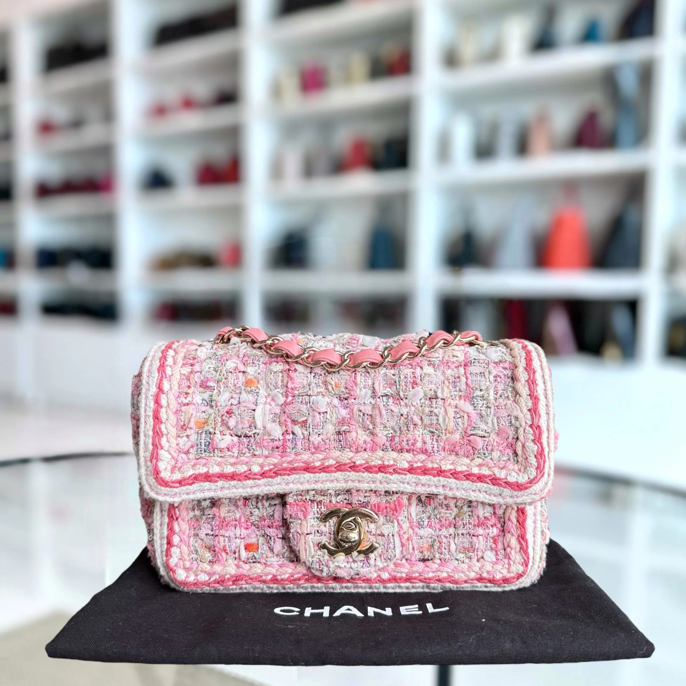 Chanel Classic Flap Mini - Tweed Braid Quilted Pink Gold Hardware Series 27