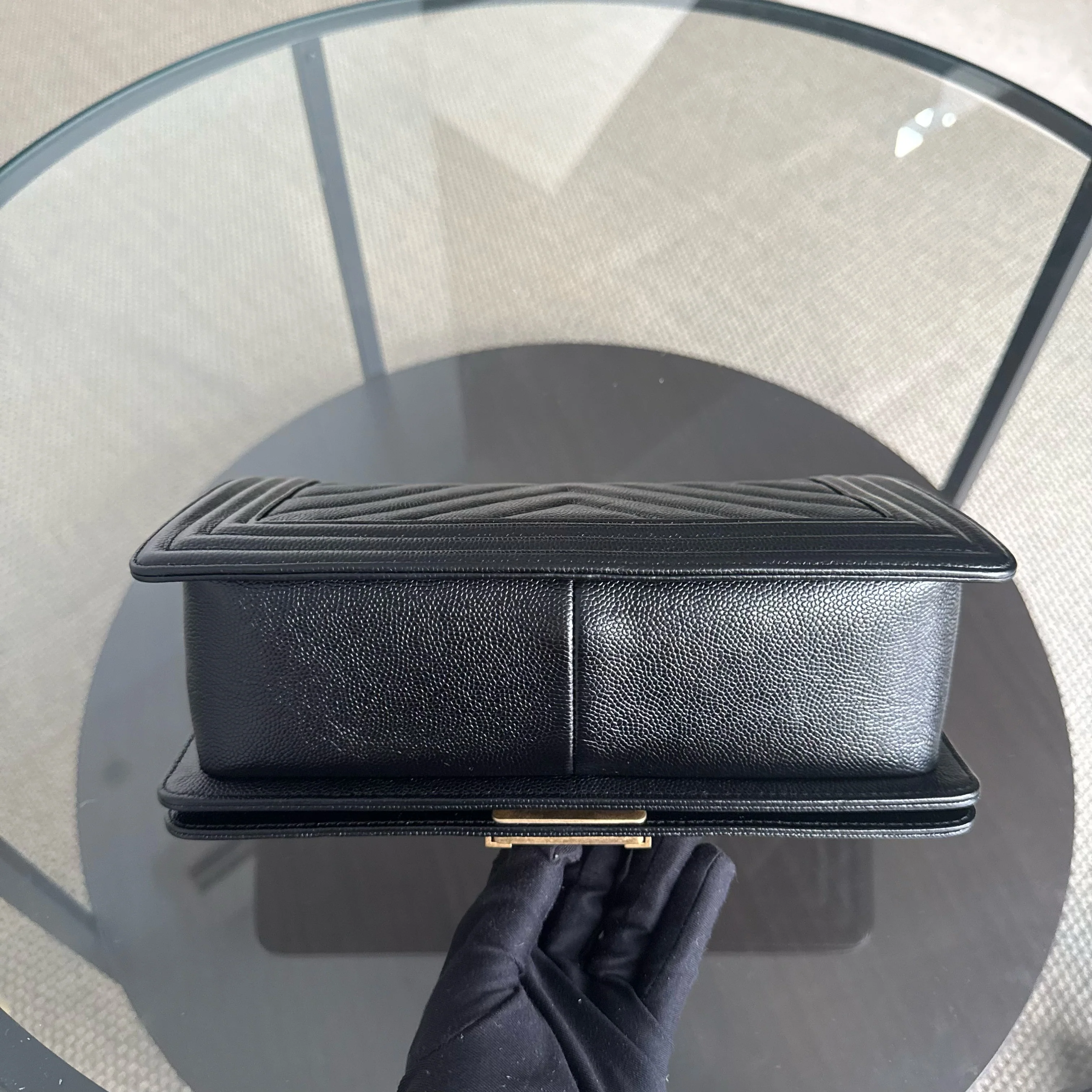 Chanel Boy Medium - Caviar 25CM Chevron Black Gold Hardware Series 24