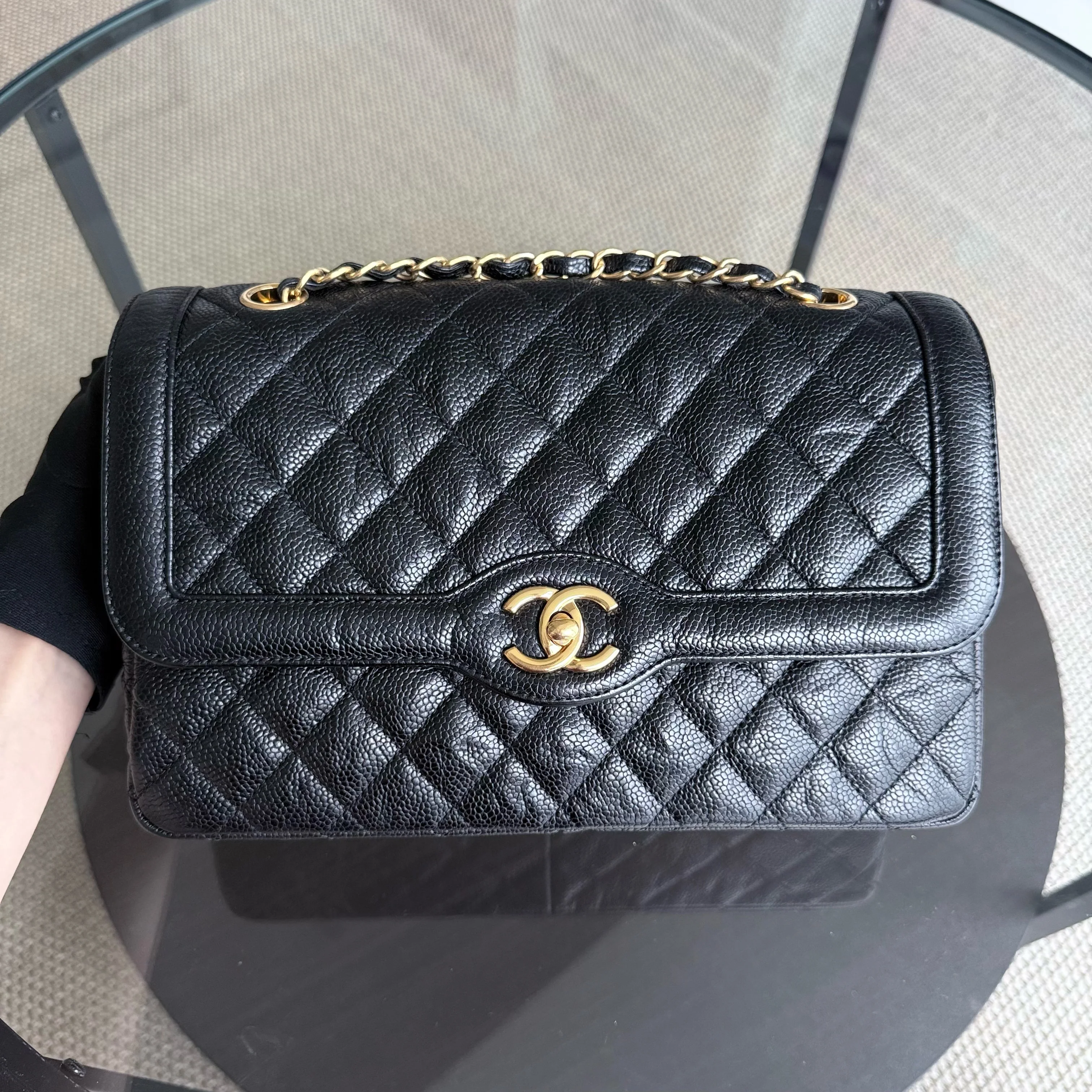 Chanel Seasonal Two-Tone Flap - Caviar 28CM Quilted Black Gold Hardware Series 21