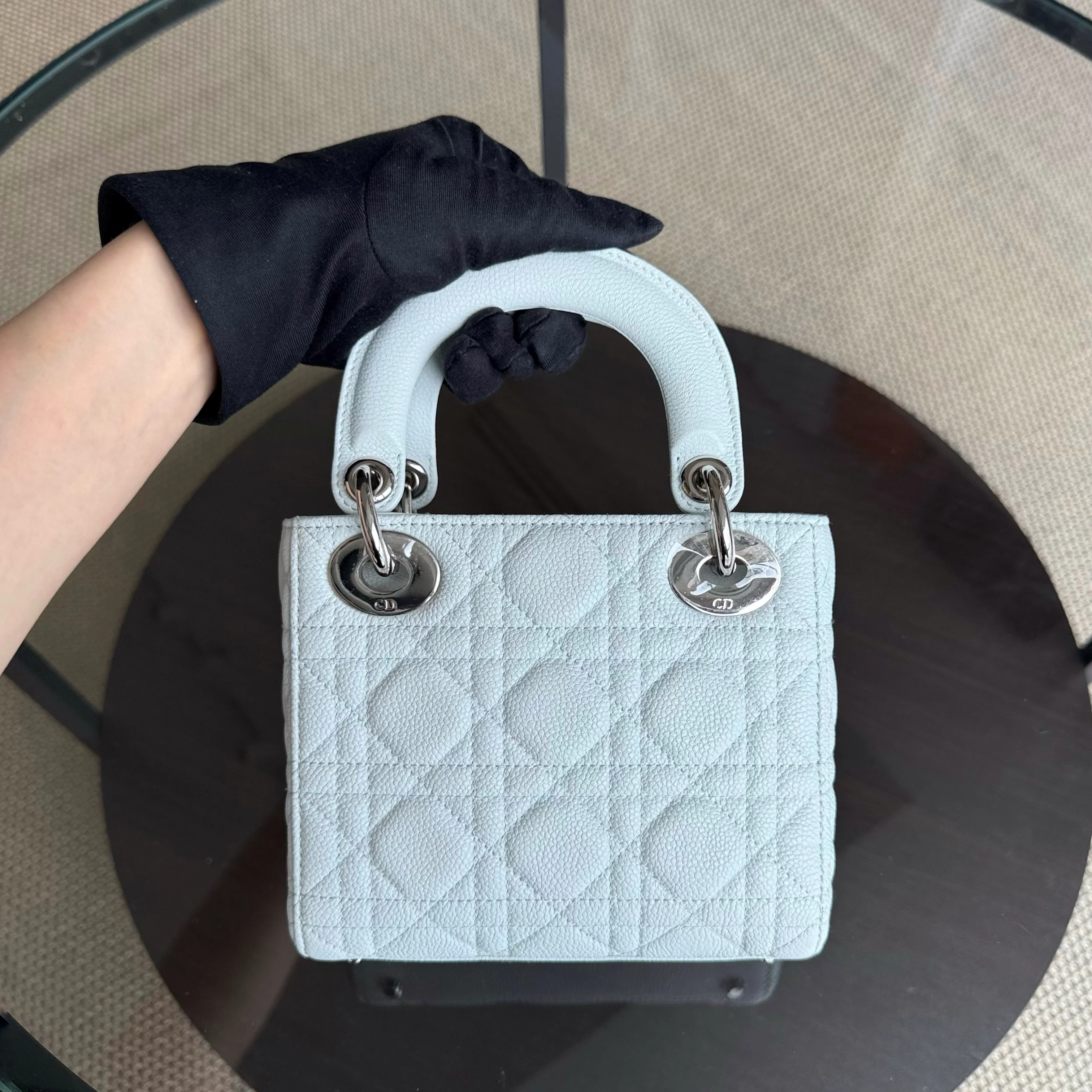 Dior Lady Mini - Grained Calfskin Cannage Glacier White Silver Hardware