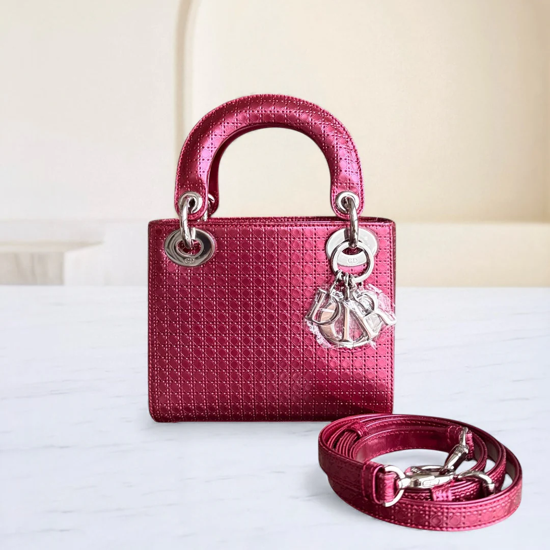 Dior Lady Mini - Calfskin Micro-Cannage Metallic Pink Silver Hardware Adjustable Strap