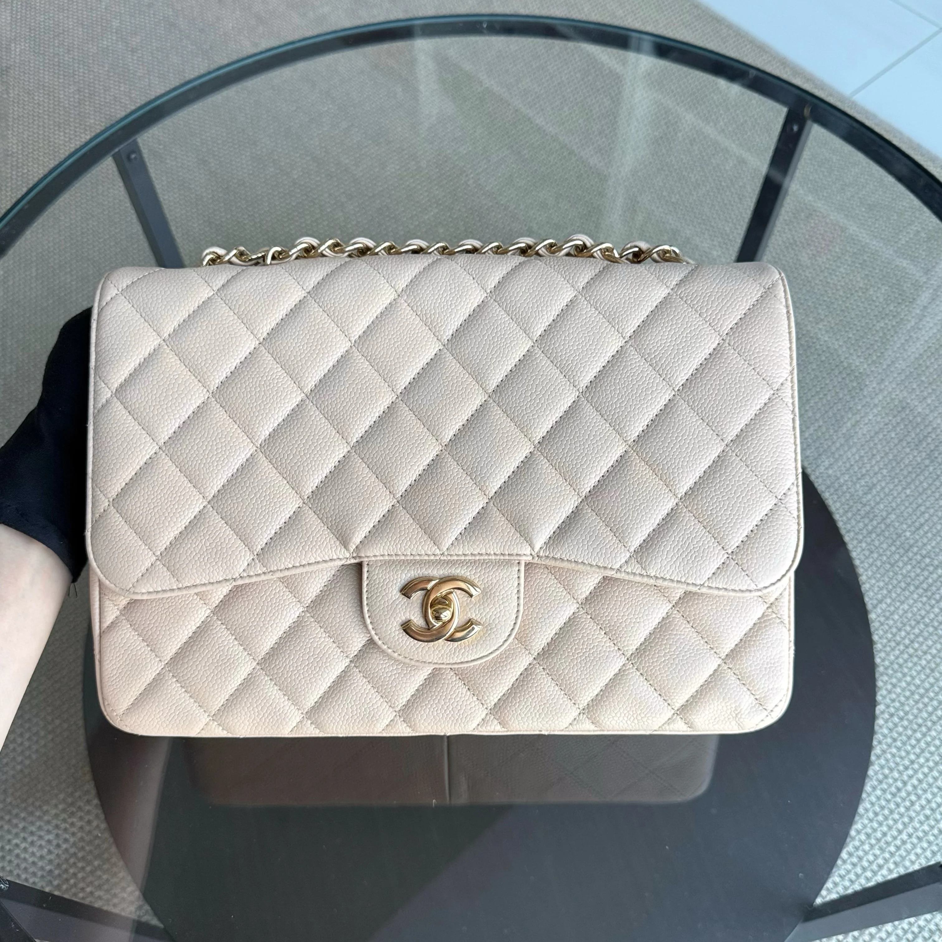 Chanel Classic Flap Jumbo - Caviar Quilted Grained Calfskin Light Beige Gold Hardware Series 13