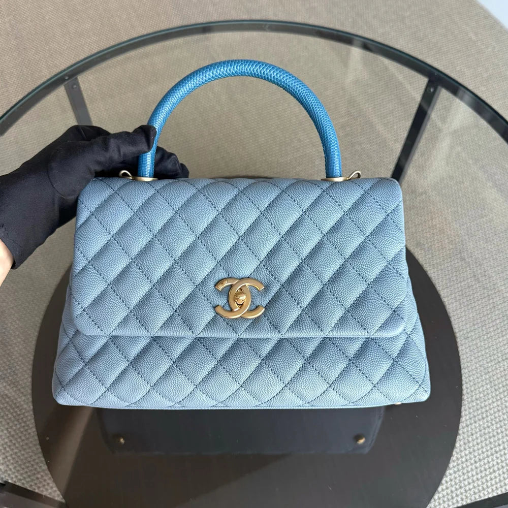 Chanel Coco Handle Medium - Caviar 29CM Quilted Sky Blue Gold Hardware Series 27