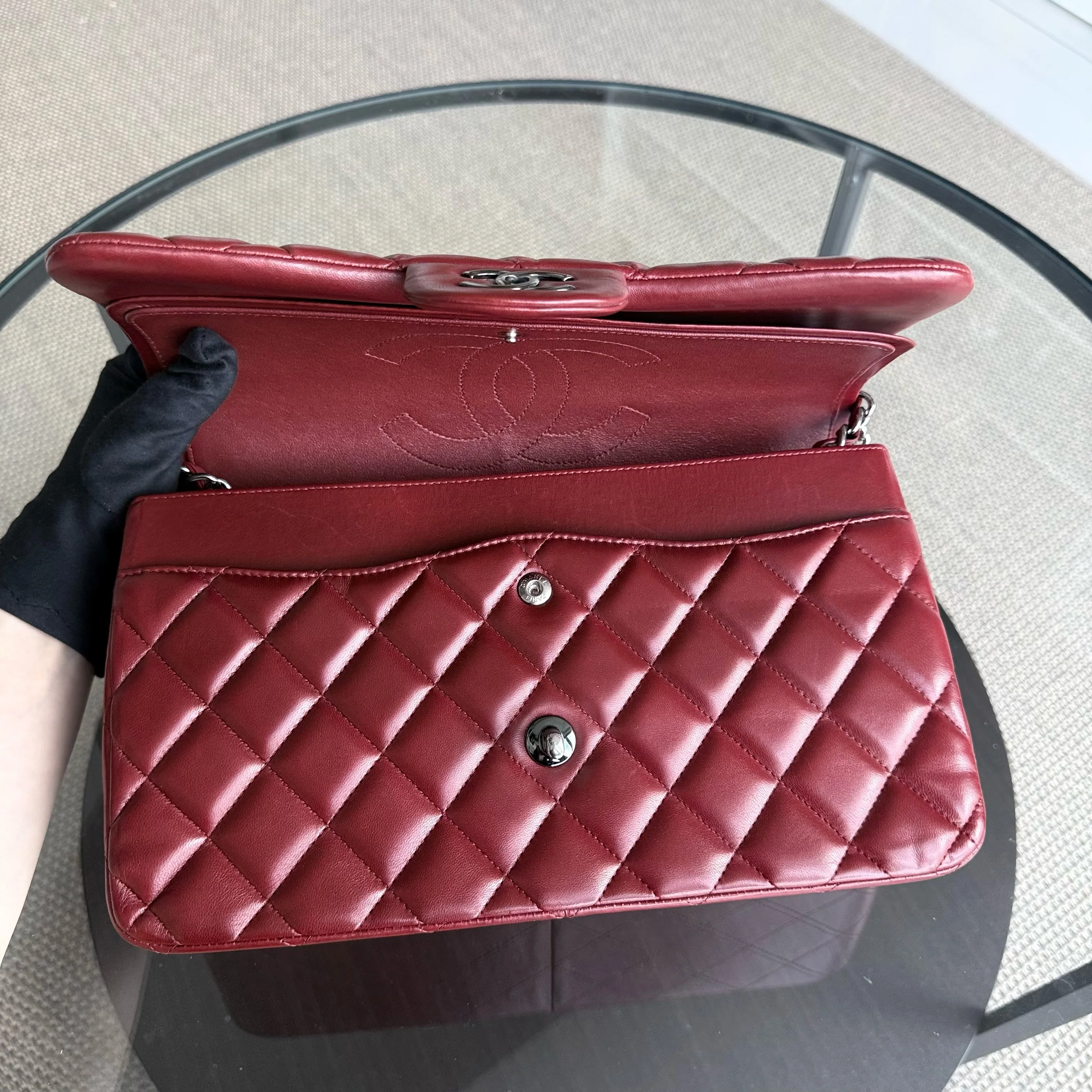 Chanel Classic Flap Jumbo - Double Flap 30CM Quilted Lambskin Dark Red Silver Hardware Series 15