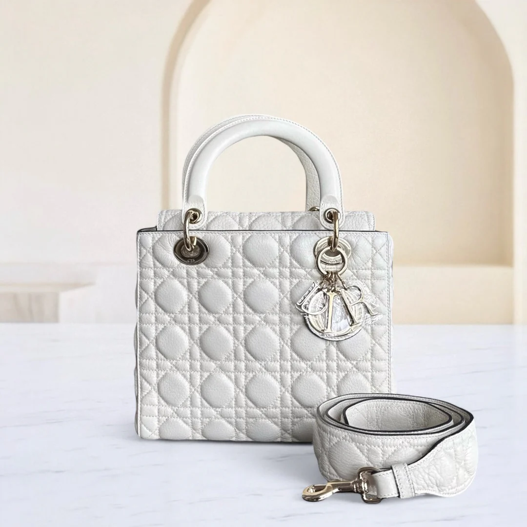Dior Lady Medium Flap - Calfskin Cannage White Gold Hardware