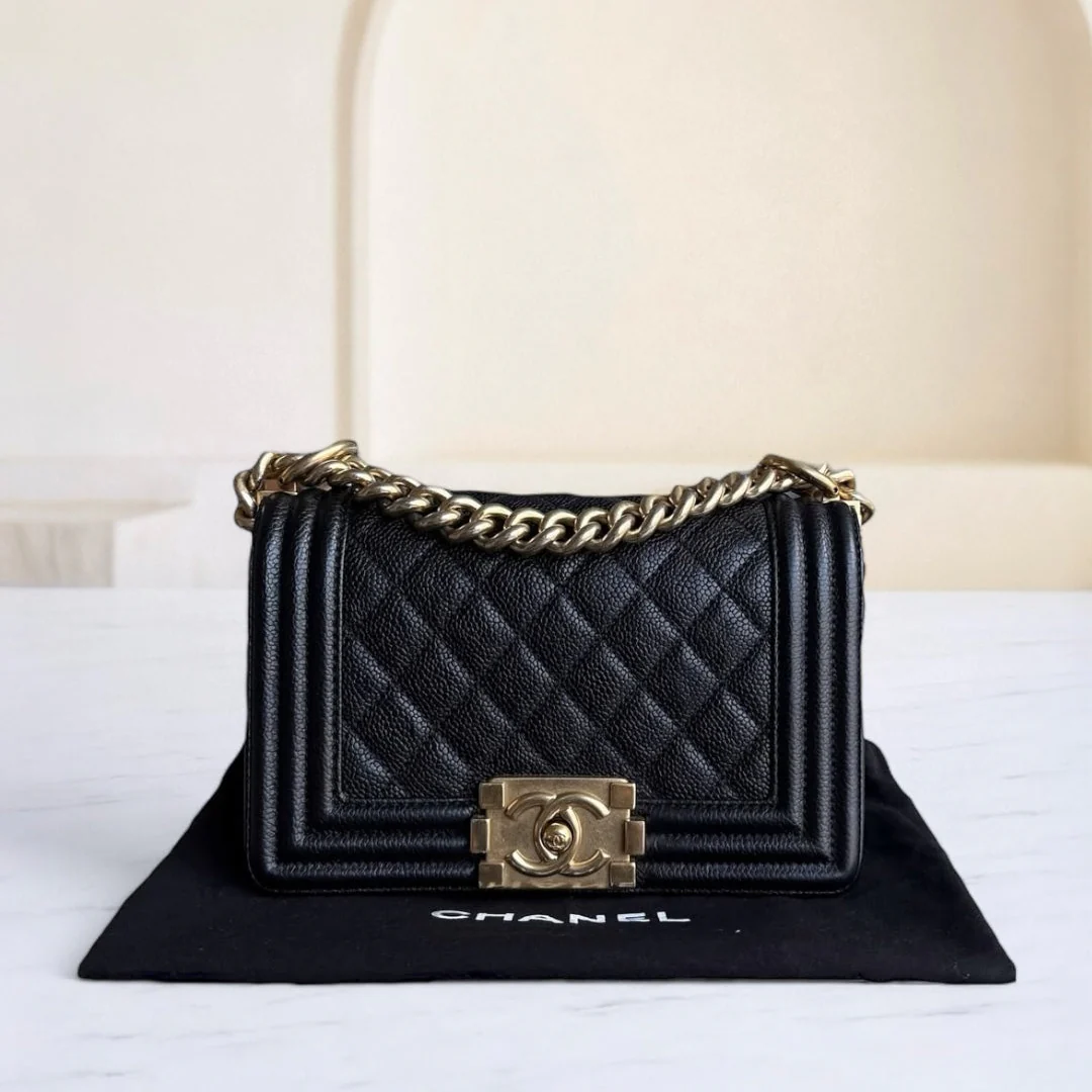 Chanel Boy Small - Caviar 20CM Quilted Black Gold Hardware Series 23