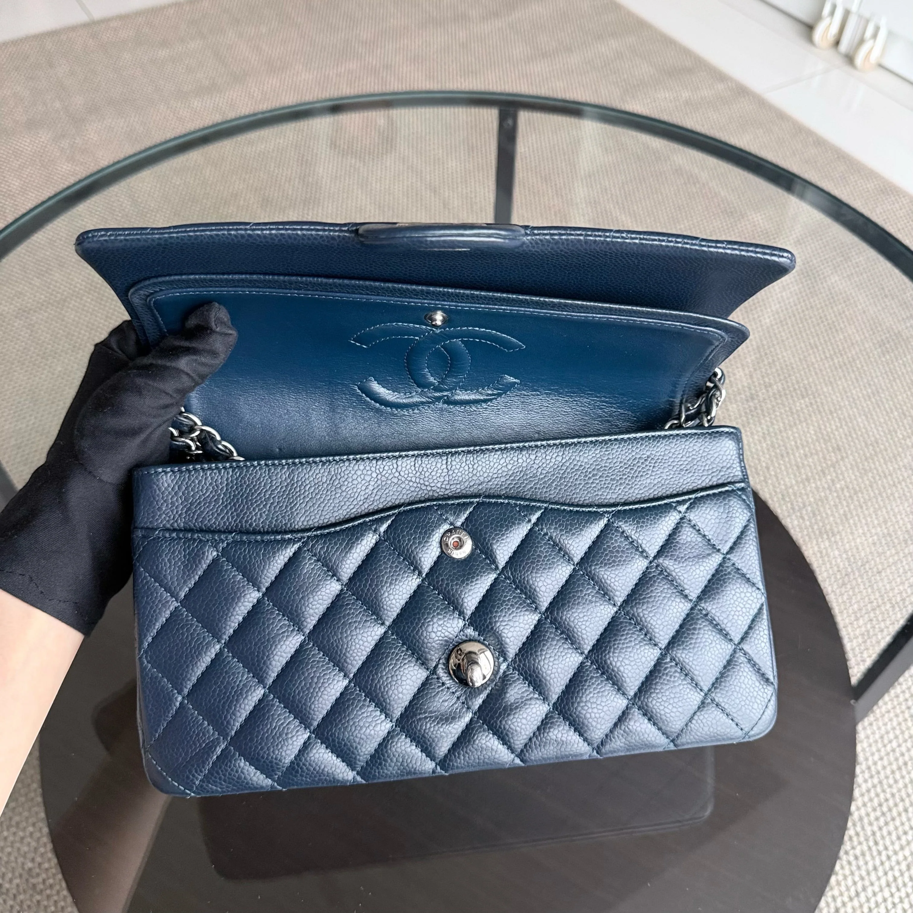 Chanel Classic Flap Medium - Caviar 25CM Quilted Dark Midnight Blue Silver Hardware Series 19