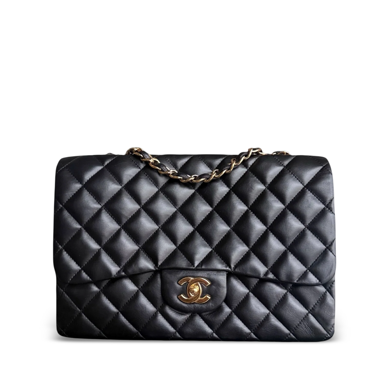 Chanel Classic Flap Jumbo - 30CM Single Flap Quilted Lambskin Black Gold Hardware Series 13