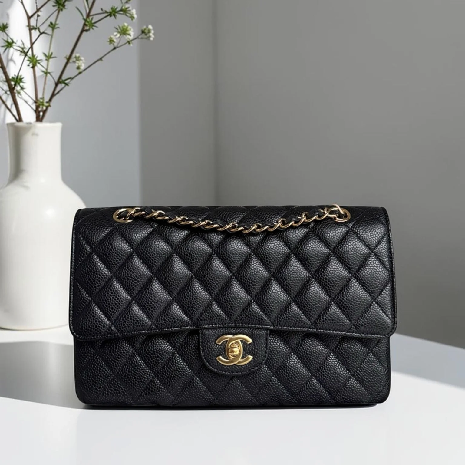 Chanel Classic Flap Medium - Caviar 25CM Quilted Double Flap Black Gold Hardware Series 21