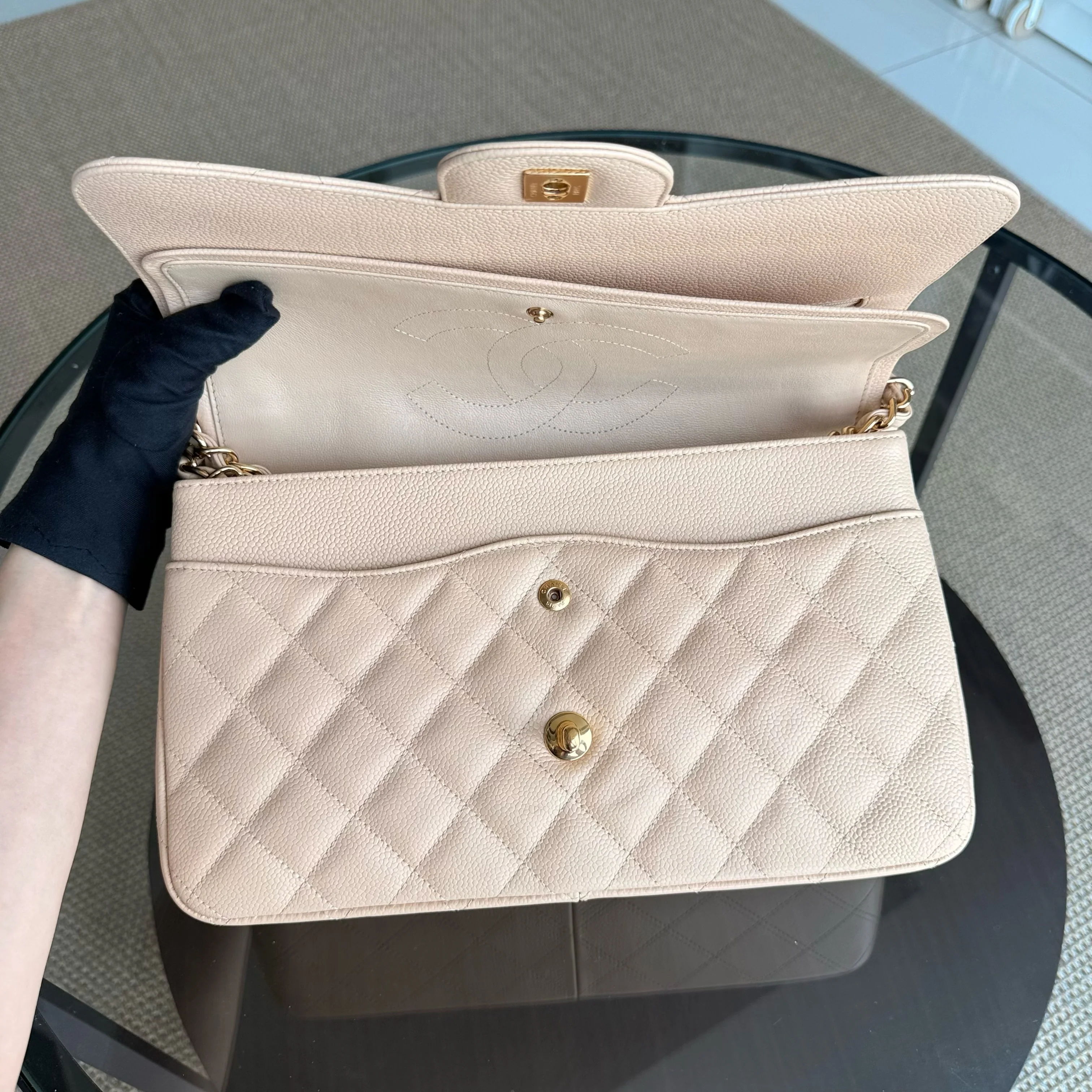 Chanel Classic Flap Jumbo - Caviar Quilted Double Flap Light Beige Gold Hardware