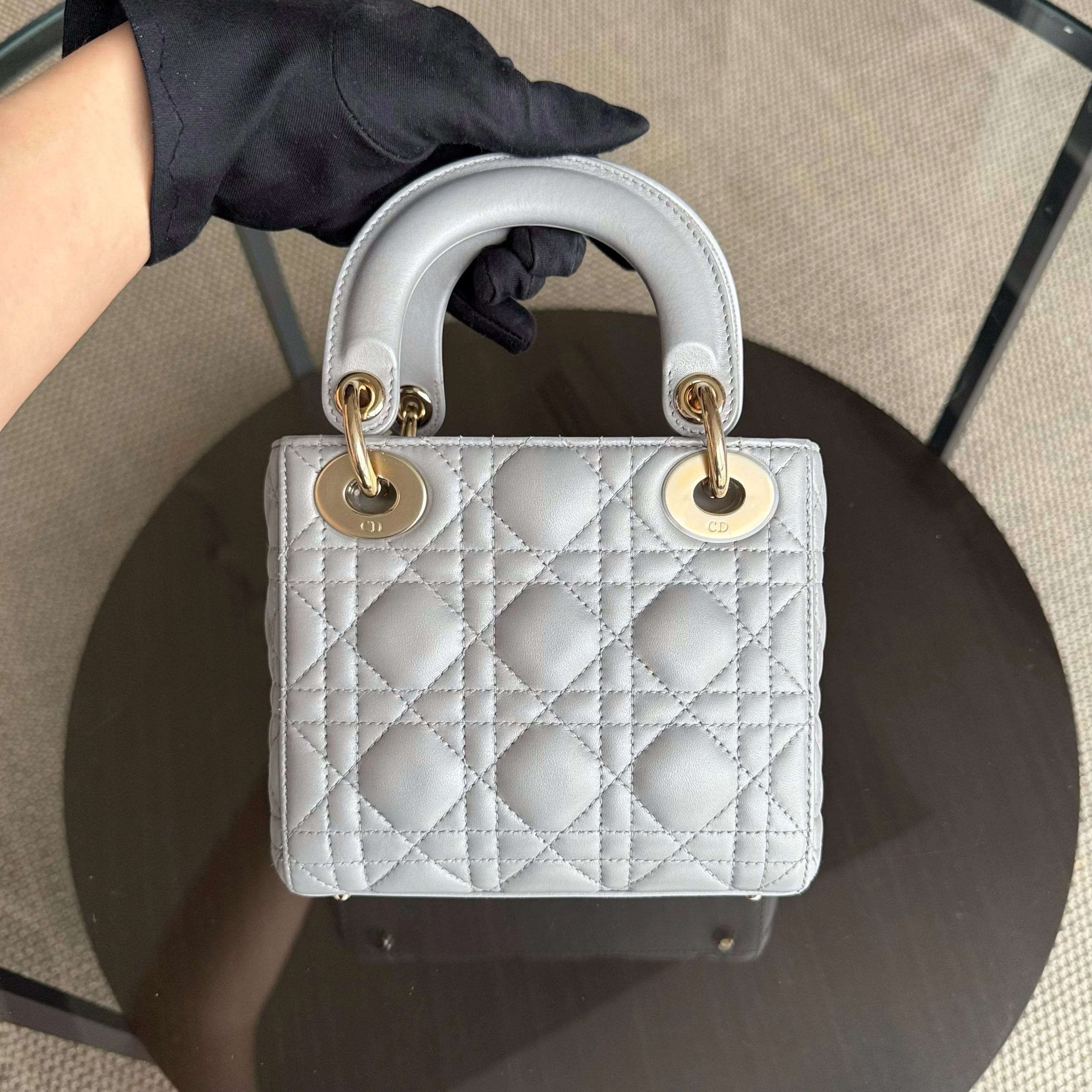 Dior Lady Mini - Cannage Lambskin Gray Gold Hardware Chain Strap