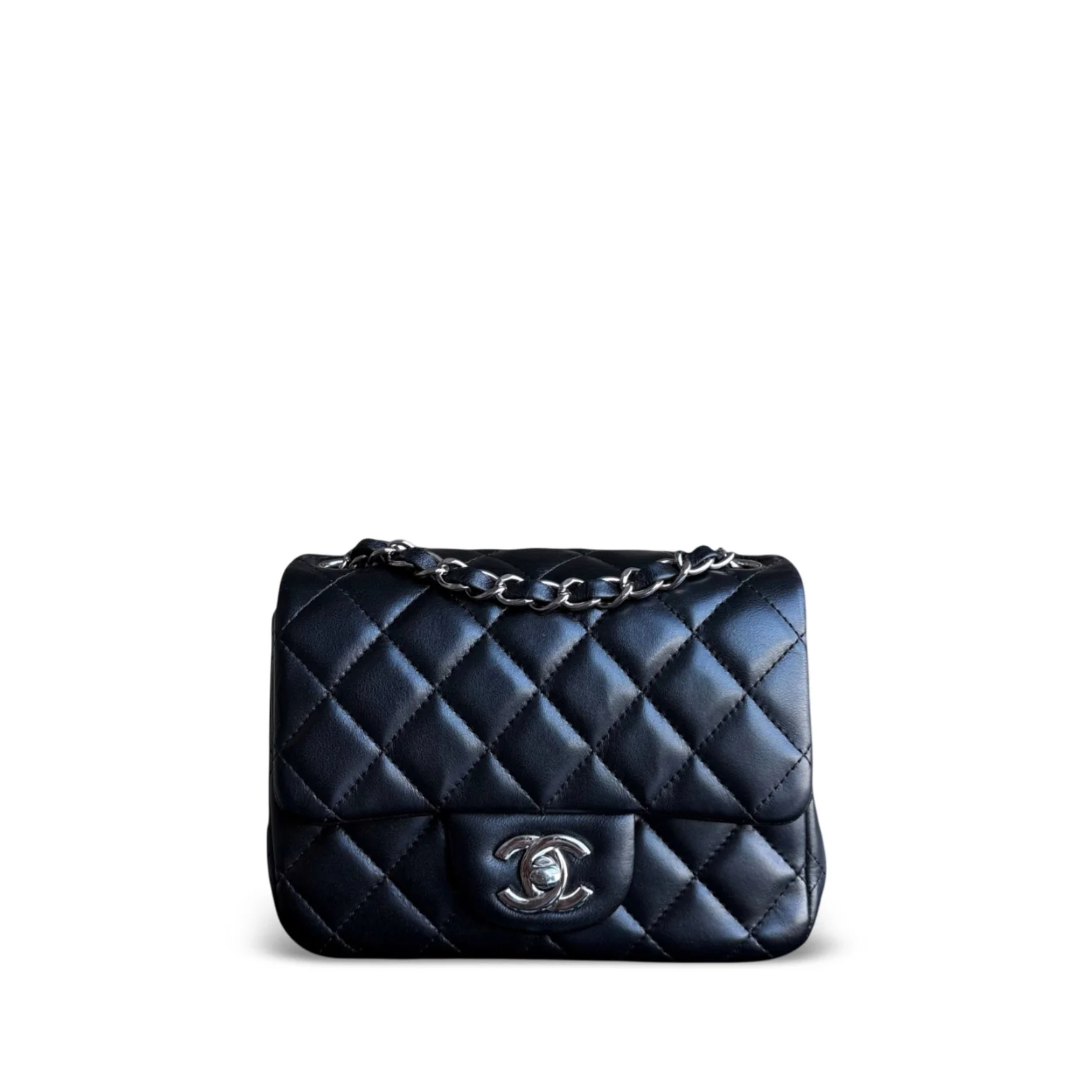 Chanel Classic Flap Mini Square - 17CM Quilted Lambskin Black Silver Hardware Series 19