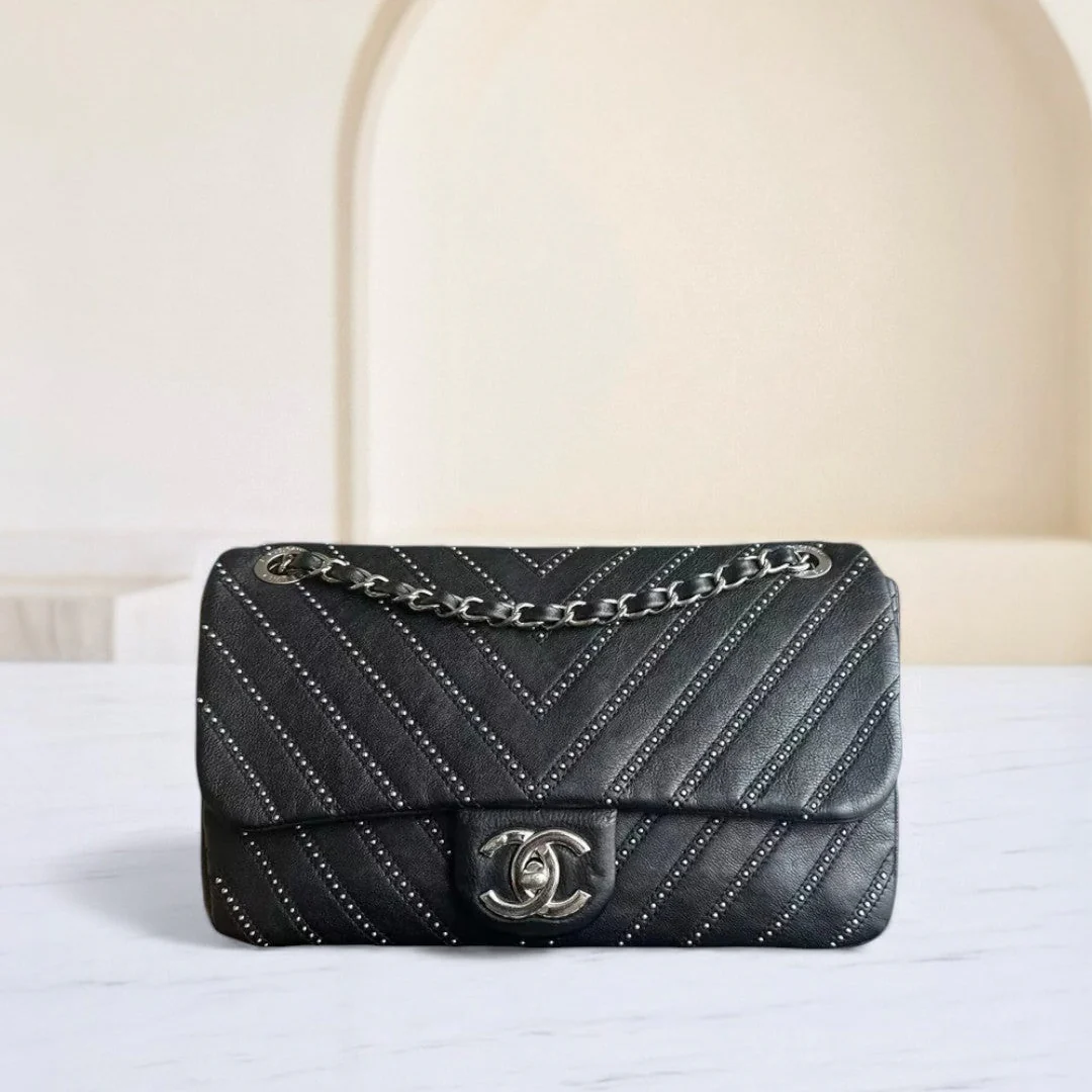 Chanel Seasonal Flap - Studded 25CM Chevron Calfskin Black Silver Hardware Series 24