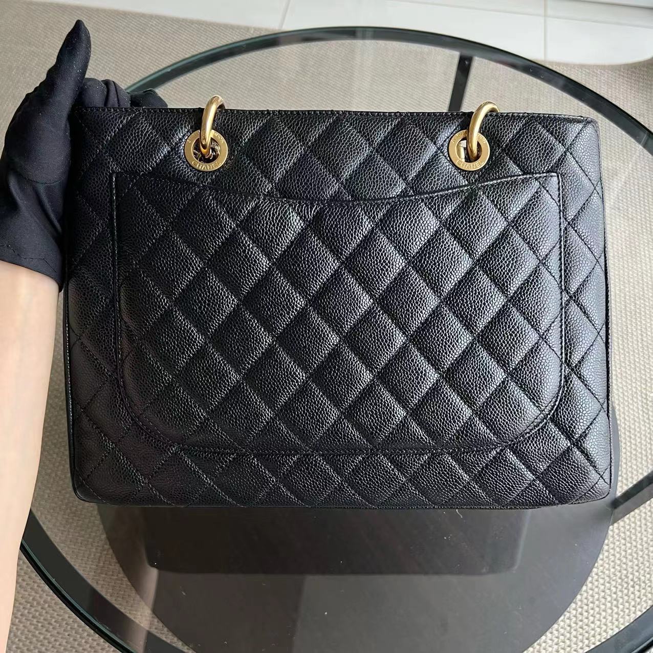 GST Grand Shopping Tote Caviar Quilted Grained Calfskin Black Golden Hardware Series 19